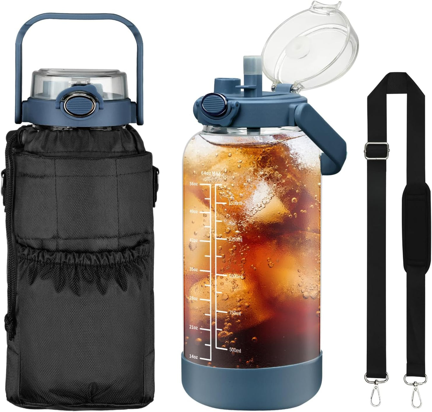 64oz Glass Water Bottle with Straw and Sleeve Half Gallon Motivational Water Bottle with Time Marke and Strap 2L Leakproof Borosilicate Reusable Water Jug for Gym Outdoors