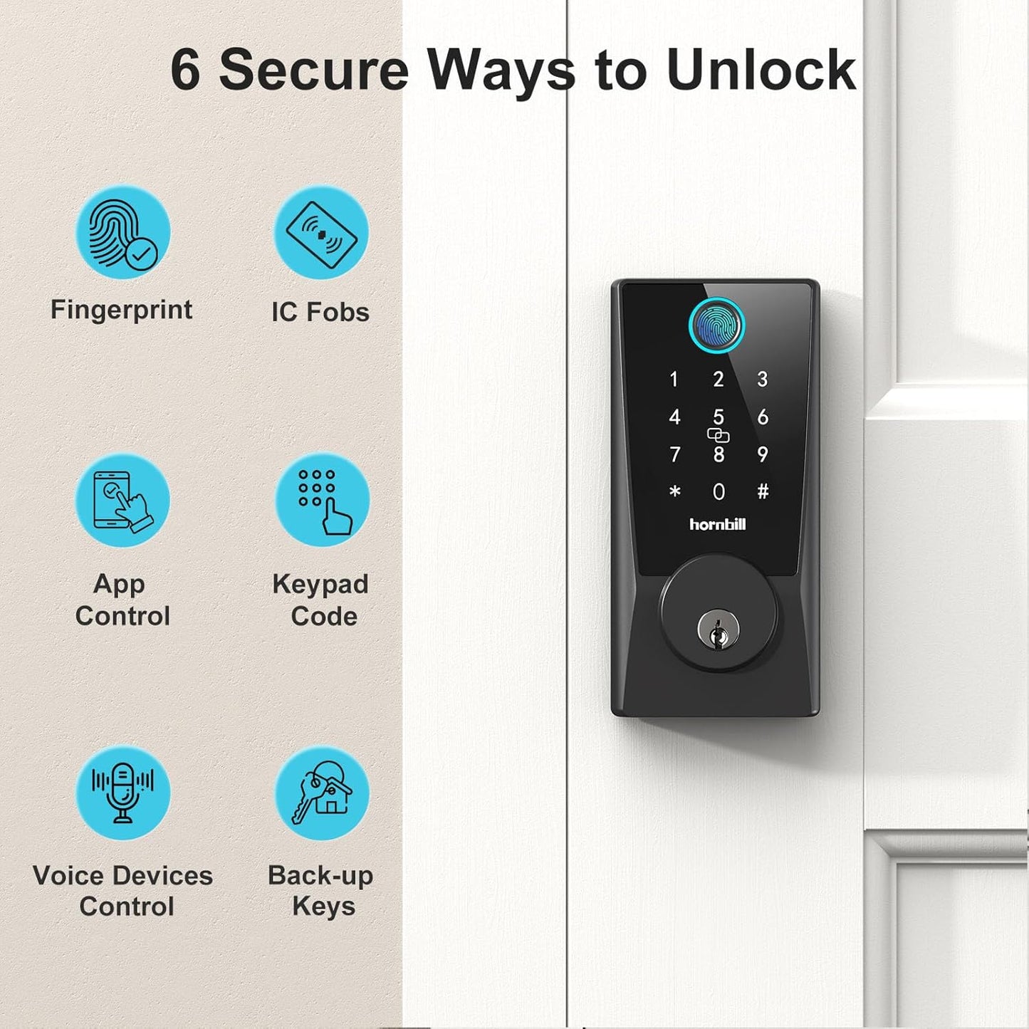 Hornbill WiFi Smart Locks for Front Door: Keyless Entry WiFi Keypad Deadbolt Lock, Compatible with Alexa, Remote Control, Fingerprint Password Unlock, Auto Lock, Built-in Wi-Fi (2.4Ghz)