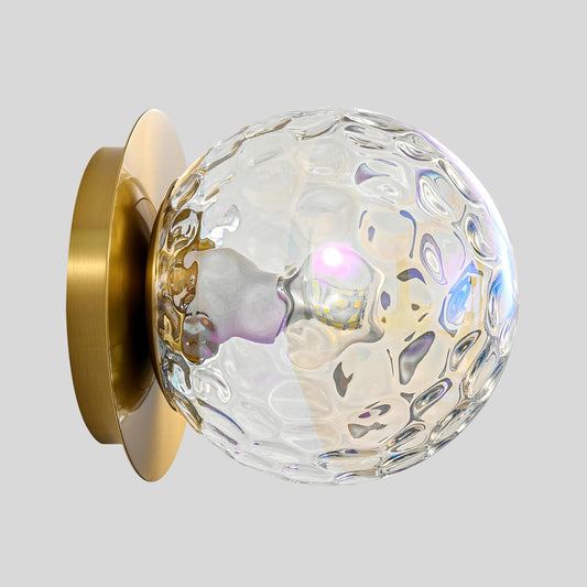 Modern Glass Globe Wall Sconce: Gold Spherical Sconces Light with Hammered Stained Glass Shade - Small Brass Vanity Single Ball Lights Fixture - Contemporary Wall Mounted Lamp for Bedroom Living Room