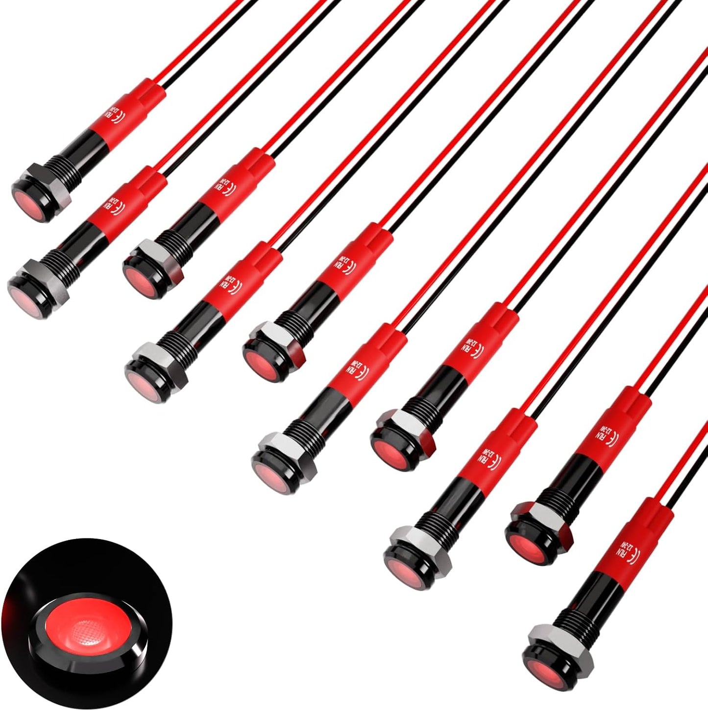 Indicator Light 10pcs 6mm 1/4" AC 12-24V Metal LED Waterproof Signal Lamp Pilot Dash Directional Car Truck Boat with Wire(Red 12V-24V)