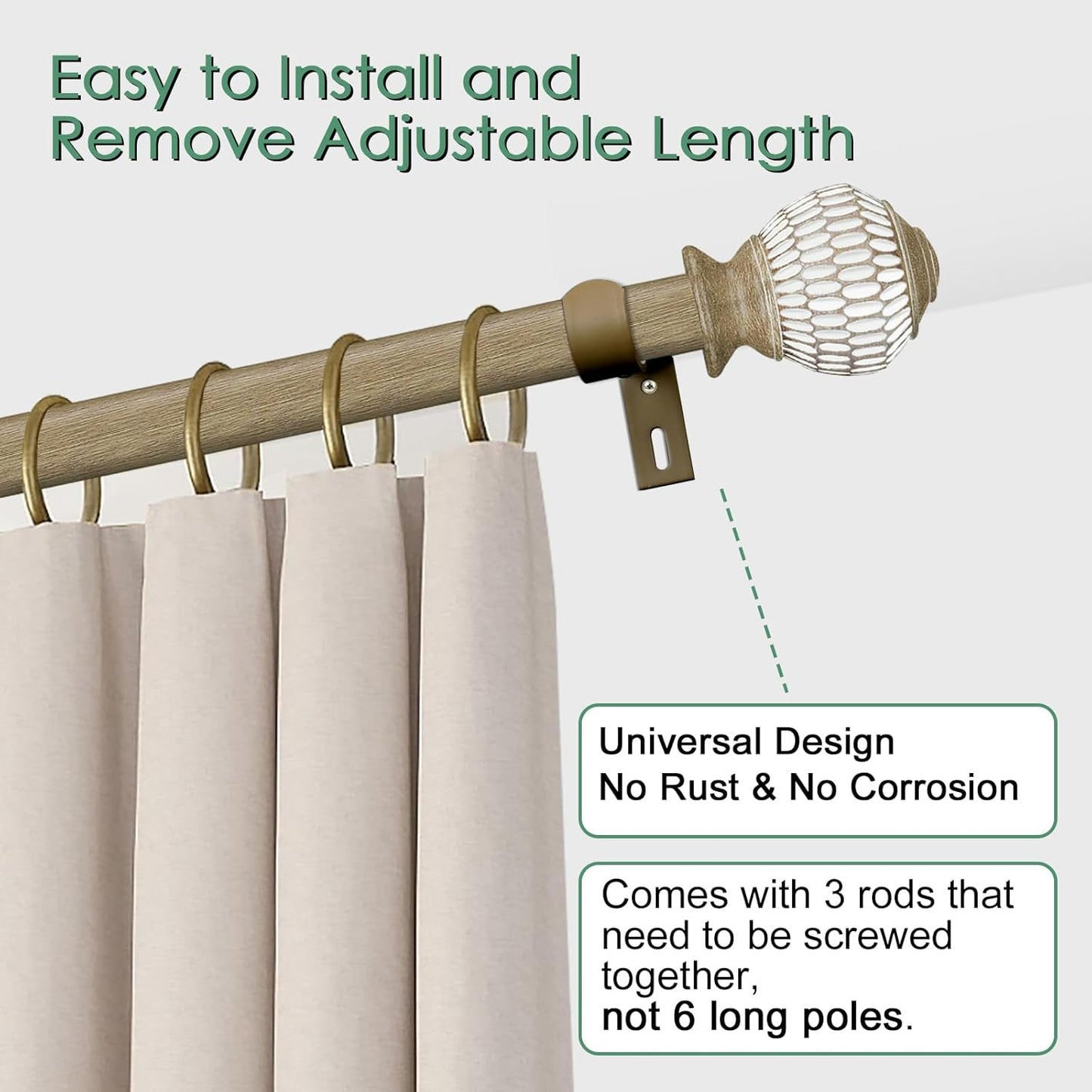 Curtain Rods for Windows 16 to 120 Inches Adjustable Length 1 Inch Diameter Window Curtain Rod with Wood Grain Leaf Pattern Finials,for Heavy Duty Curtains Rods