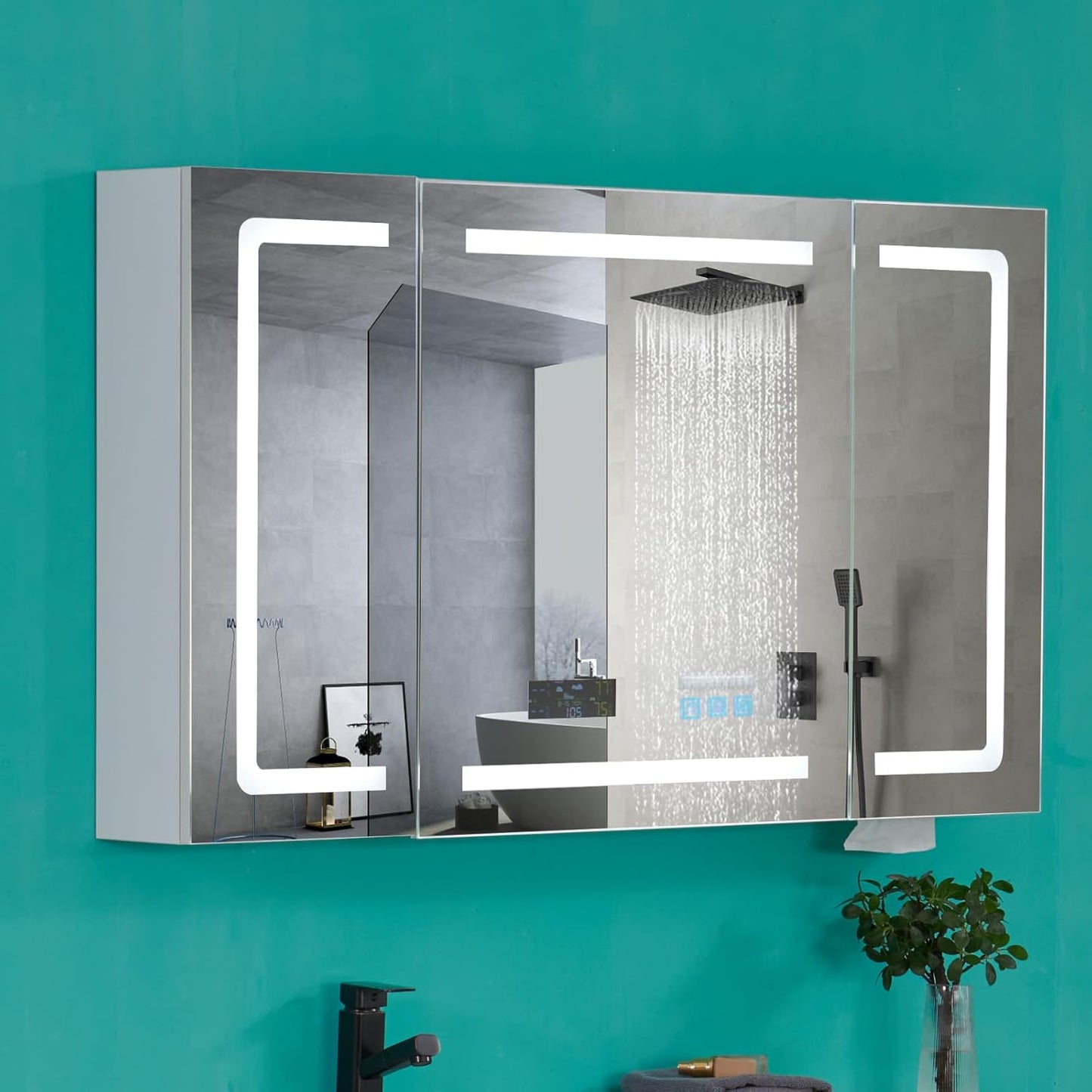 VINGLI LED Lighted Medicine Cabinet with Intelligent Mirror, Bluetooth Speaker, Weather & Temp Display, Anti-Fog, Built-in Outlet & USB, Large 3-Door Bathroom Mirror Cabinet,48 Inch, Need Assembly