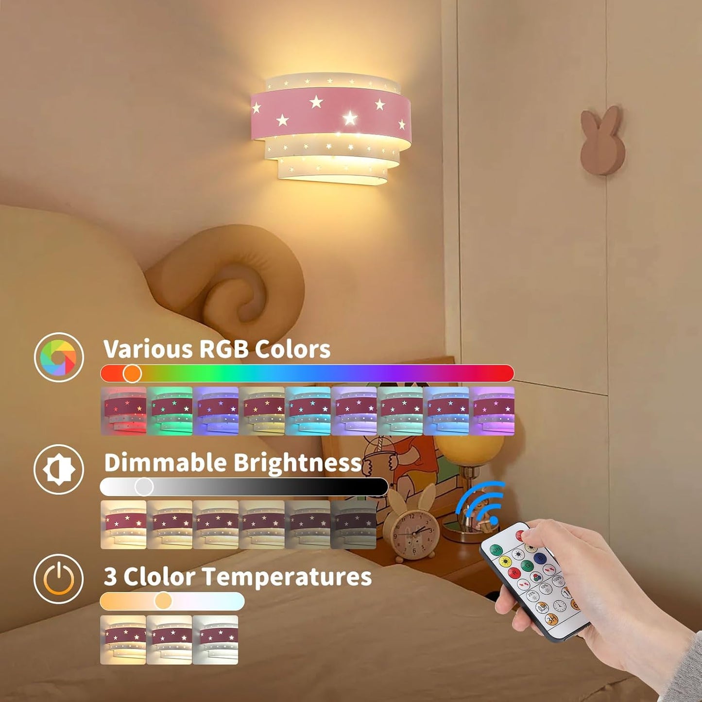 Lightess Pink Wall Sconce Battery Operated for Girls Room, LED Dimmable Wall Light Star, Cordless Wall Lamp for Children Bedroom Decor