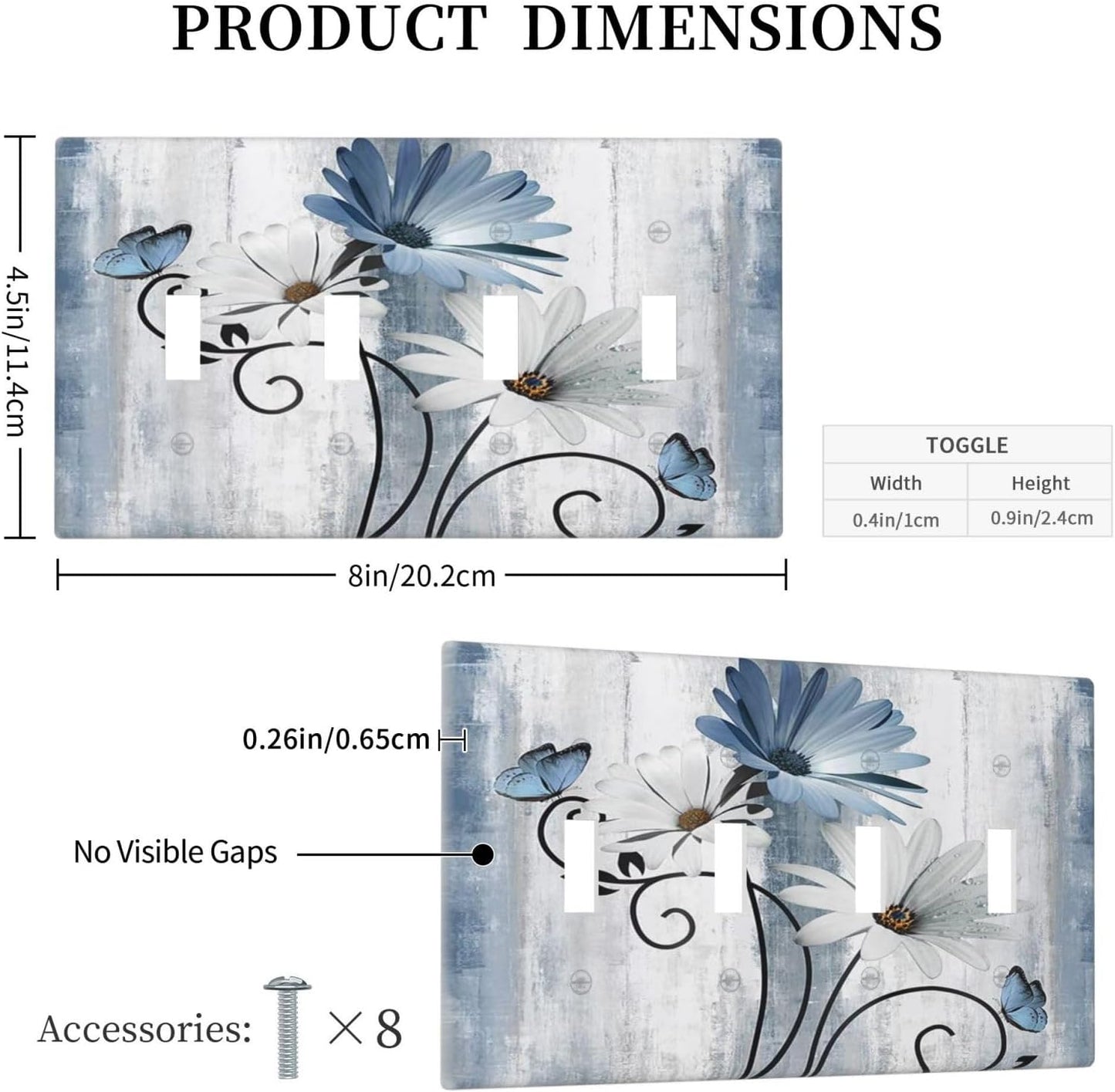 Decorative Light Switch Cover Plate Rustic Blue White Daisy Ink Flower 4 Gang Wall Plates for Electrical Outlets Quad Toggle Switch Plate Covers Outlet Covers Faceplate for Bedroom Home Decor
