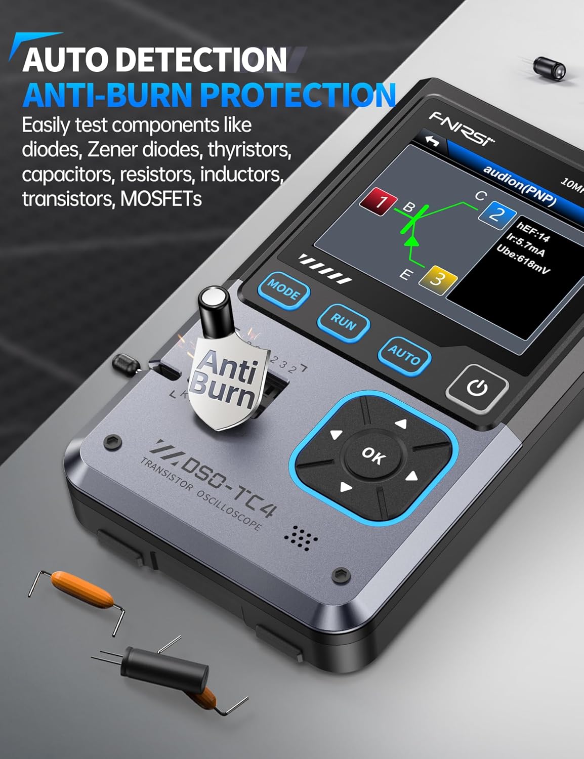 FNIRSI DSO-TC4 Handheld Oscilloscope, 10MHz Bandwidth 48MSa/s Sampling Rate Transistor Tester Digital Oscilloscope DDS Signal Generator 3 in 1, Voltage Continuity Zener Diode Triode Component Tester