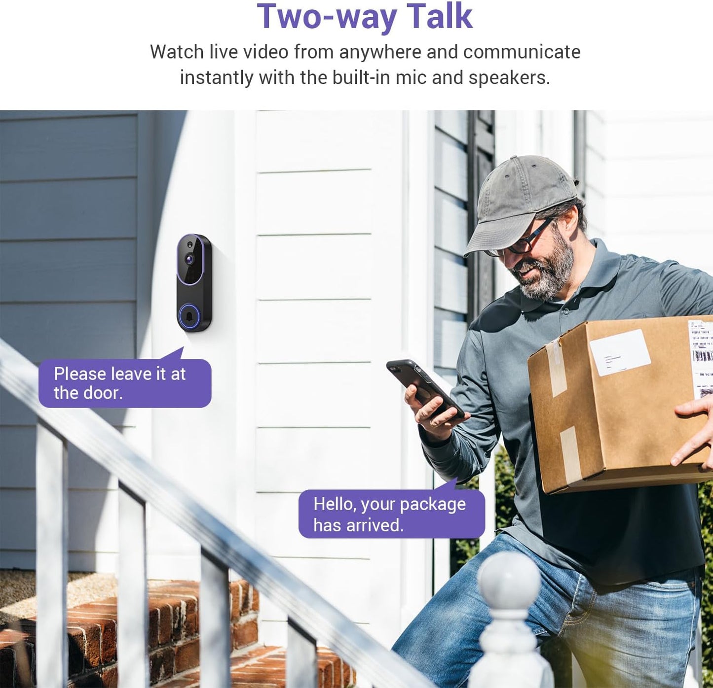 1080P Smart Video Doorbell Camera with Motion Detection, Night Vision, Cloud Storage, Two-Way Talk, Battery Powered, Home or Business Security, 2.4GHz Wi-Fi(Excluding Receiver)