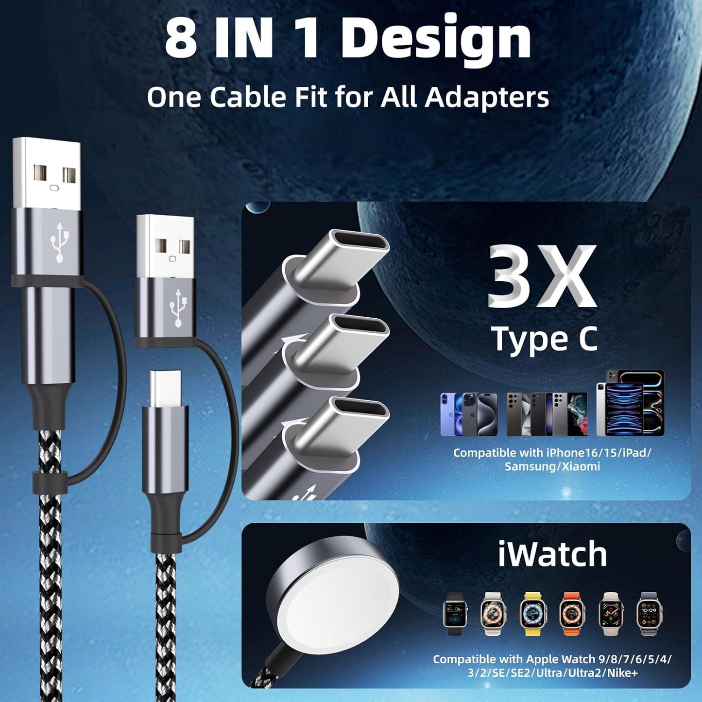 4 in 2 Charging Cable for Apple iWatch Charger with 3 Type-C Ports, Travel Essentials USB C Splitter Multi Charging Cable/Cord for iWatch Ultra/SE/10-1, iPhone17 16 15 14, Android, More -1Pack 5FT
