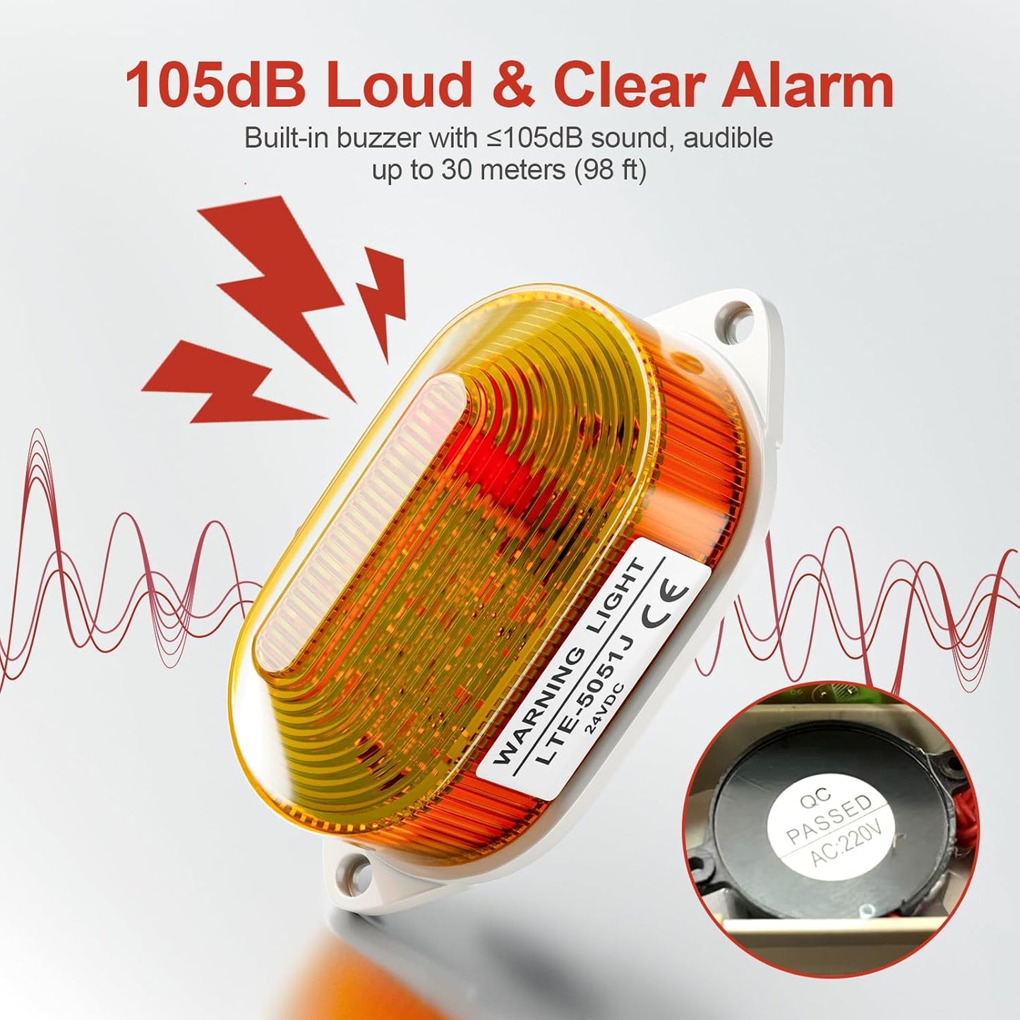 DC24V Strobe Siren Industrial Warning Light with Yellow LED and 105dB Buzzer, Ultra-Bright Signal Flashing Alarm Light for Safety and Alert, Oval