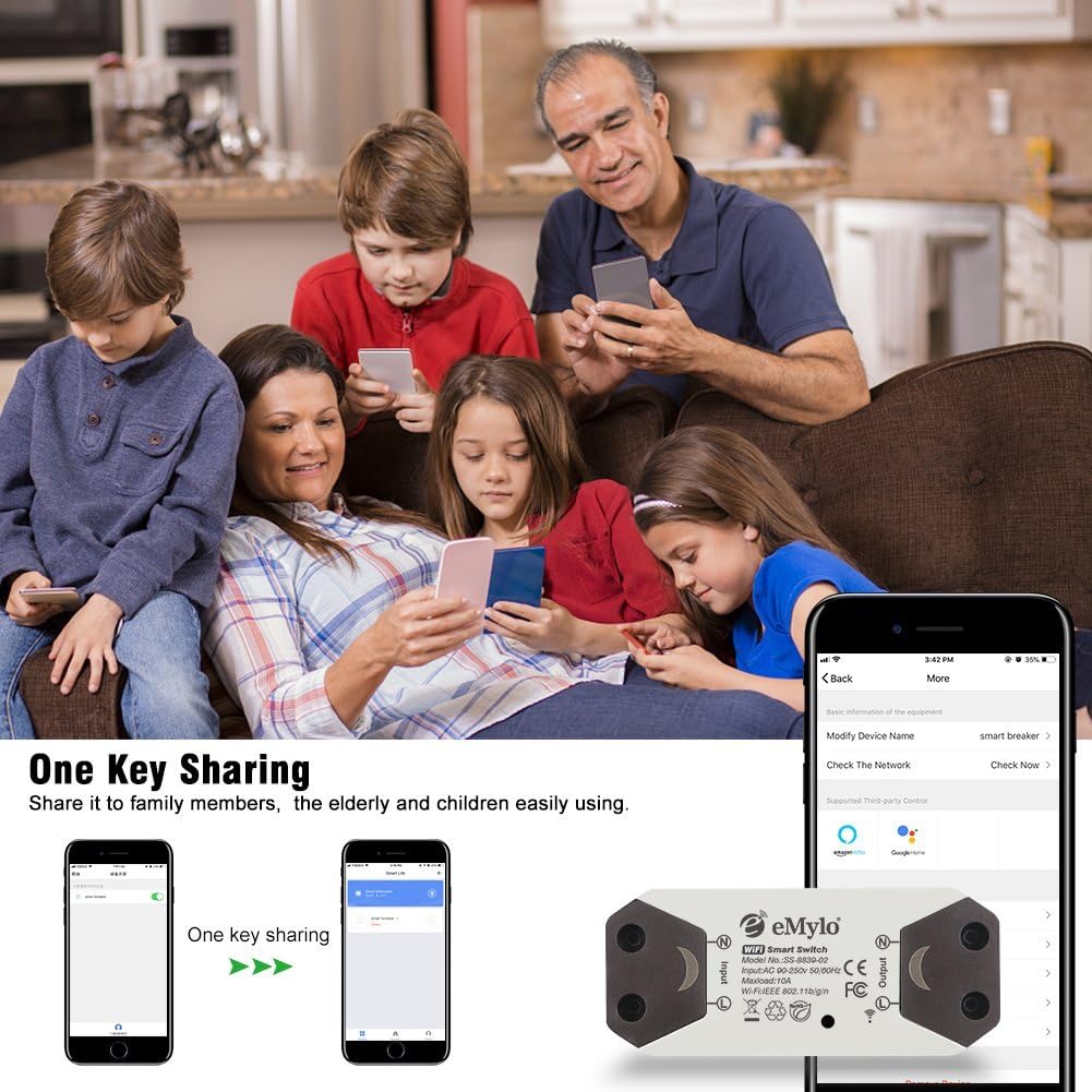 WiFi Smart Switch eMylo Wireless Relay Light Switch Tuya Remote Control Module Home Automation Timer Switch Compatible with Alexa Echo Google Home iPhone Android App 1 Pack