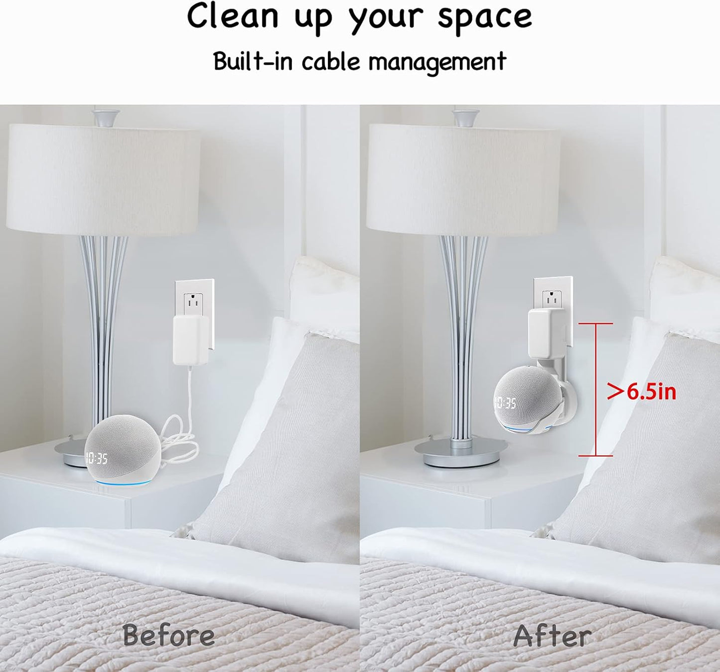 Wall Mount Holder for Dot 4th/5th Generation, Outlet Hanger for Dot 4th/5th Gen, Smart Speaker Stand, Space-Saving Accessories, Built-in Cable Management Shelf(2 Pack,White)…