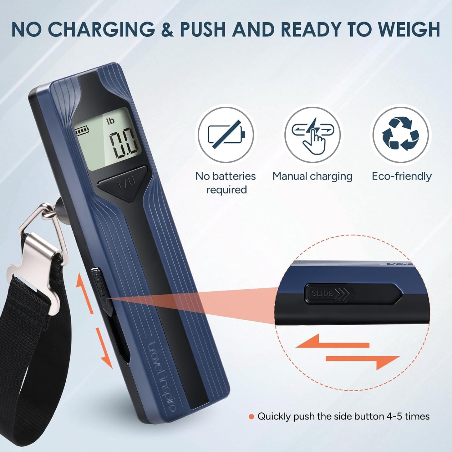 travel inspira Luggage Scale Battery-Free, Travel Essentials, Portable Handheld Digital Suitcase Weight Scale for for Travel Accessories, 110lbs/50kg (Dark Blue)