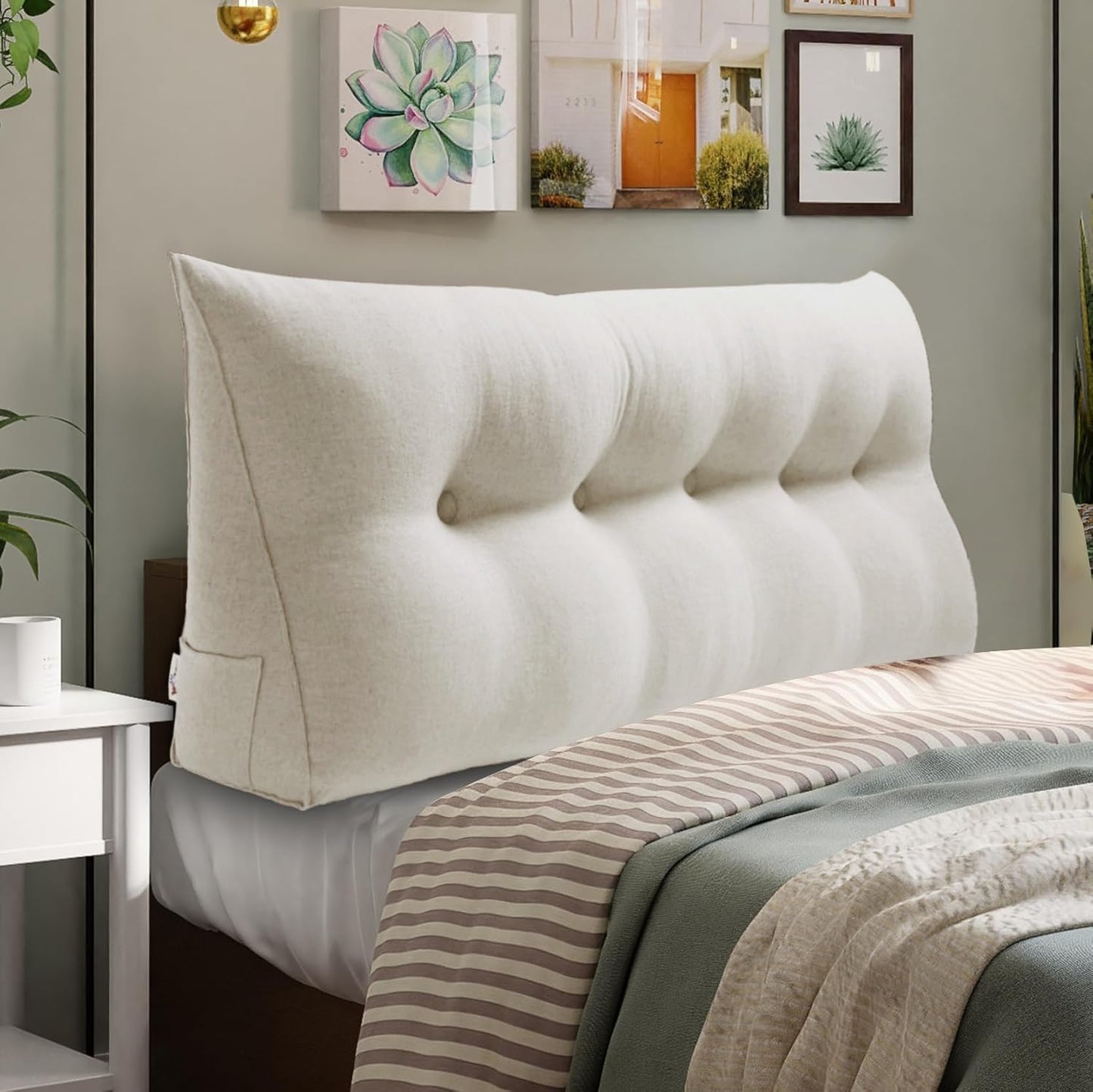 WOWMAX Headboard Pillow Queen Triangular Bed Wedge Pillow for Headboard Large Bolster Pillow for Bed with Removable Cover, 85% Linen 15% Cotton Blend, Pure White