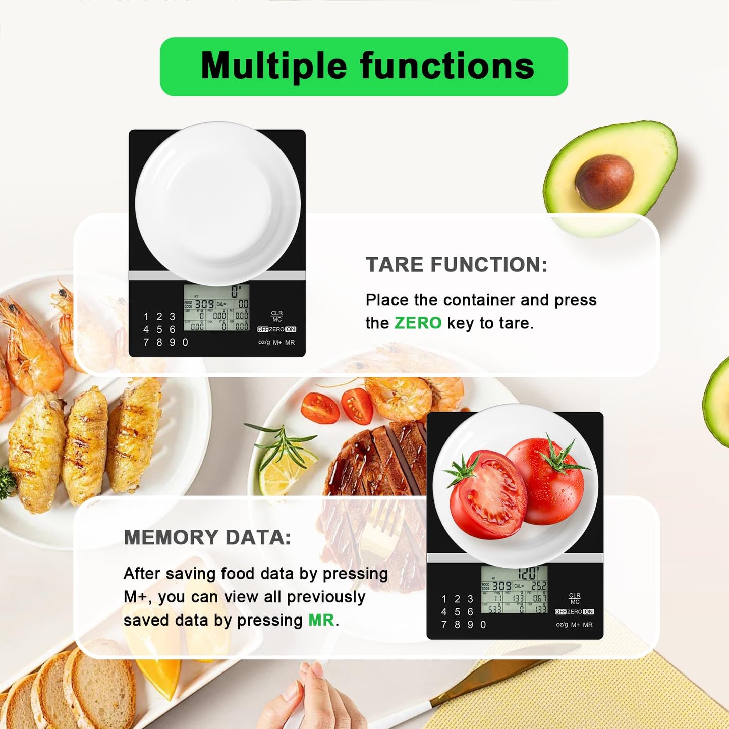 5000g Smart Nutrition Scale, Kitchen Scale with Food Code, Food Scale for Meal Prep, Portion Control, Baking, Weight Loss, 4 Units, Tare Function, Batteries Included