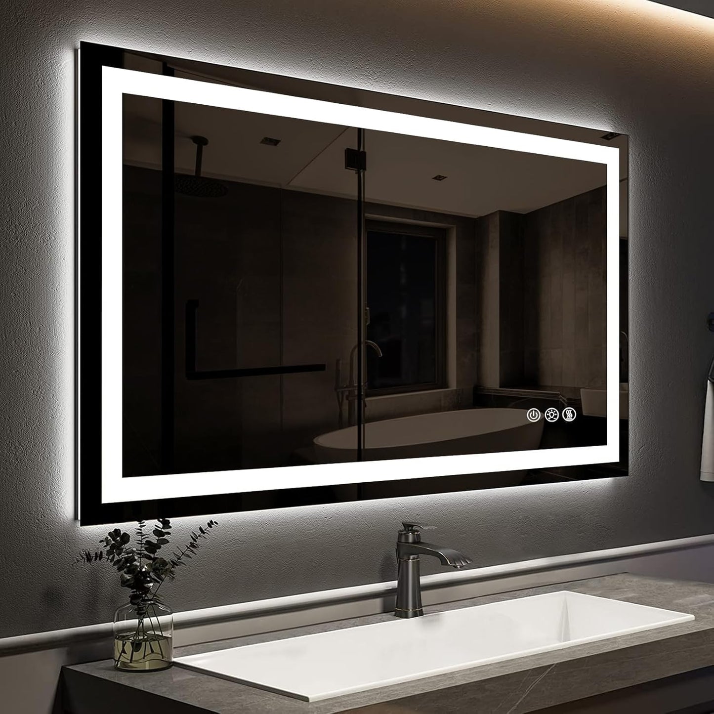 ROOMTEC 48 x 32 Inches LED Bathroom Mirror with Front and Backlit,Anti-Fog,3 Colors and Dimmable Light(Horizontal/Vertical), Silver