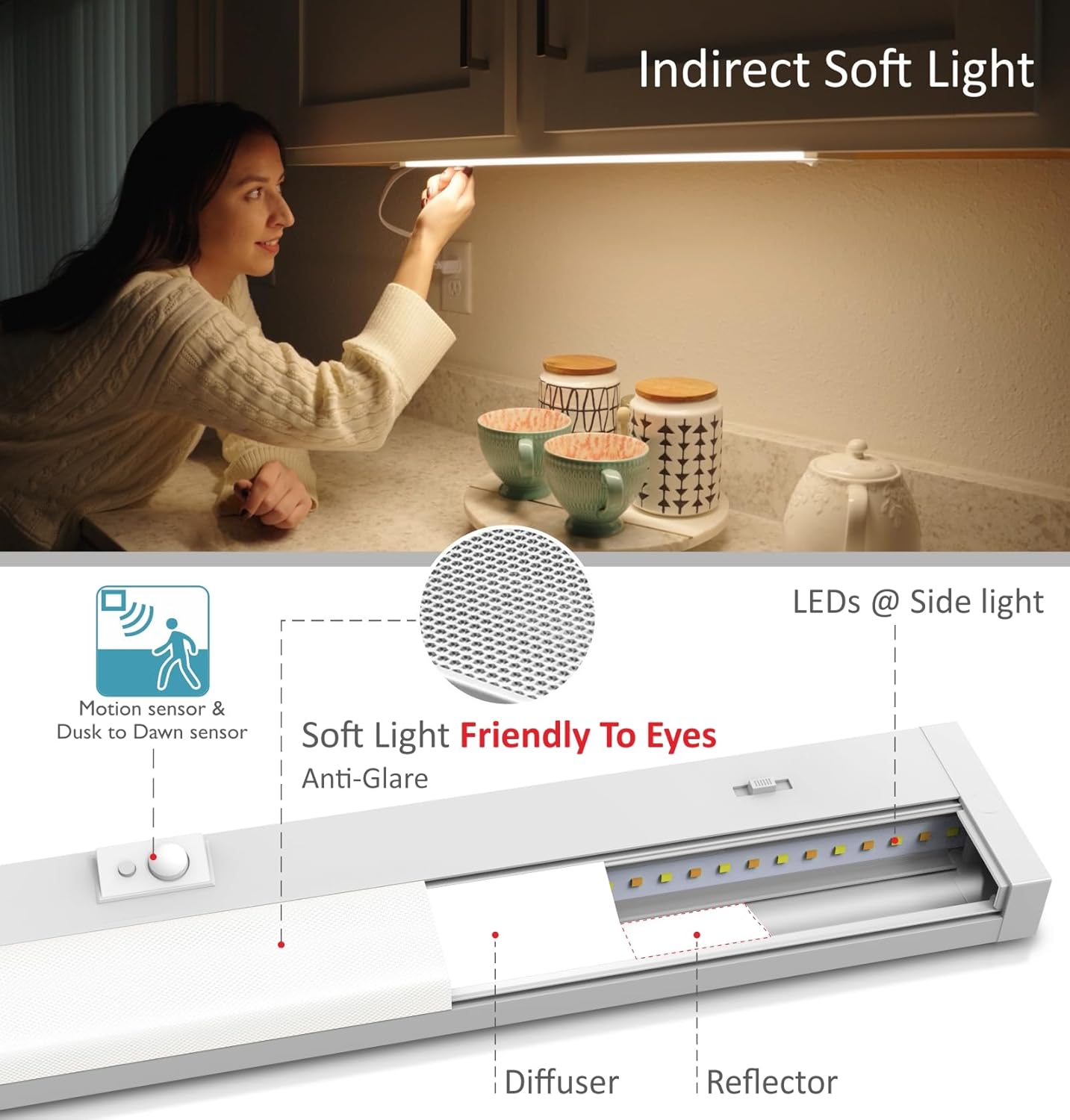 Under Cabinet Lighting Motion Sensor Hardwired, 18 Inch 9W Dimmable, 5 CCT 2700/3000/3500/4000/5000K, Eyes Care Design Linkable Under Counter Lights for Kitchen, Sink, ETL Listed, White
