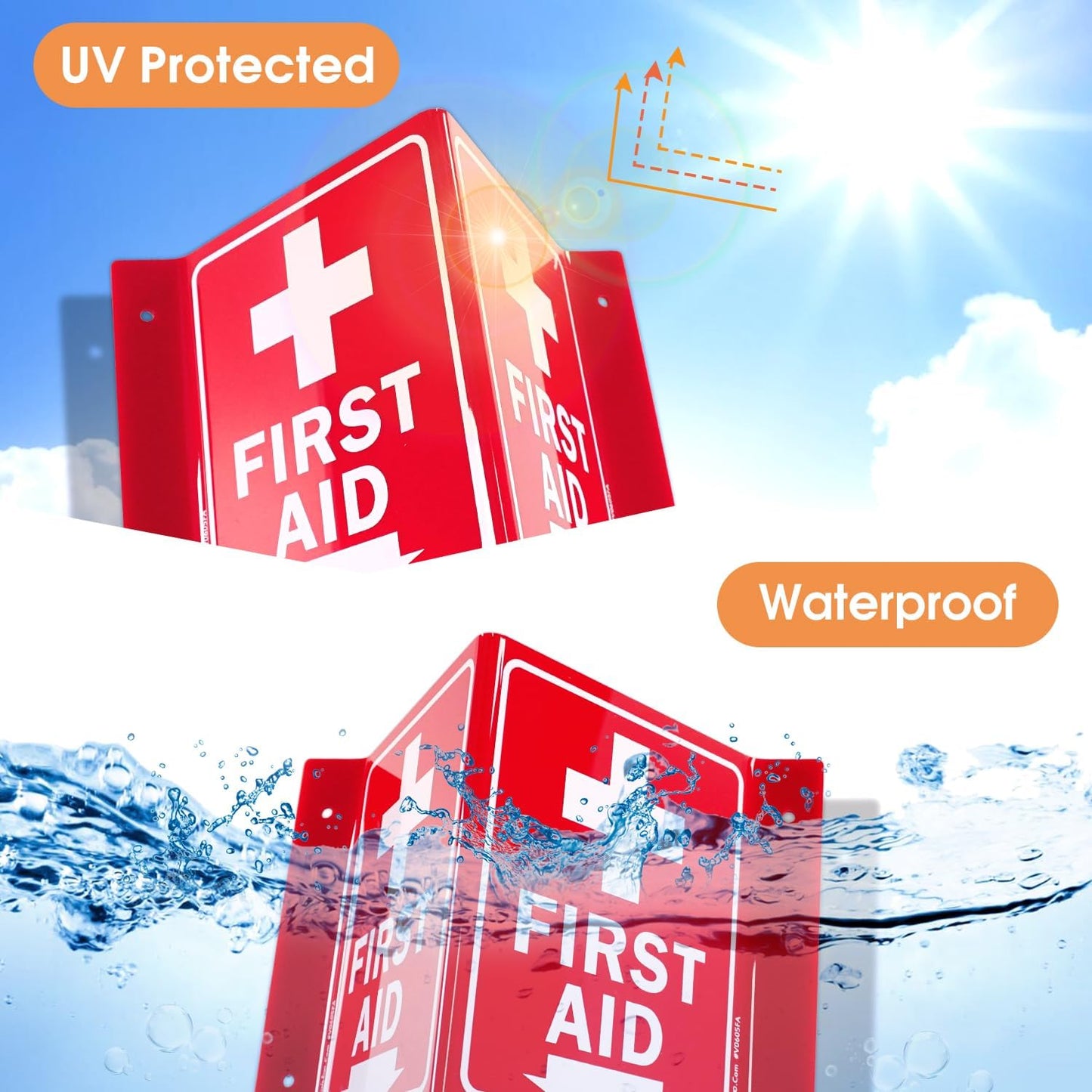 Faittoo First Aid Sign, 3 Pack First Aid with Cross Symbol - 6 x 8 Inches V-Shaped Acrylic Plastic, 4 Pre-Drilled Holes, Includes Matching Screws, Use for Home Office/Business