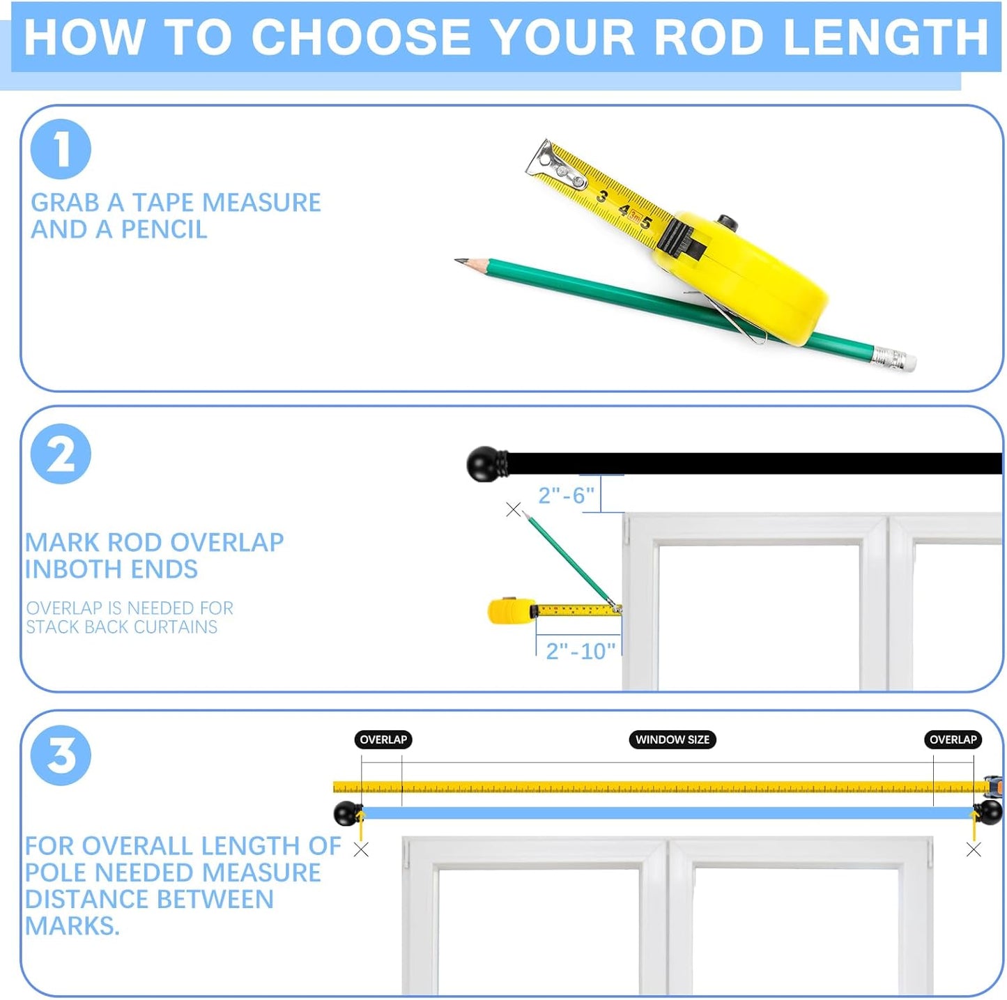 Curtain Rods for Windows 16 to 76 Inches, Curtain Rod Max Adjustable Length of 88 IN, 6/8" Diameter Drapery Rods Round Finials, Black, Pack of 2