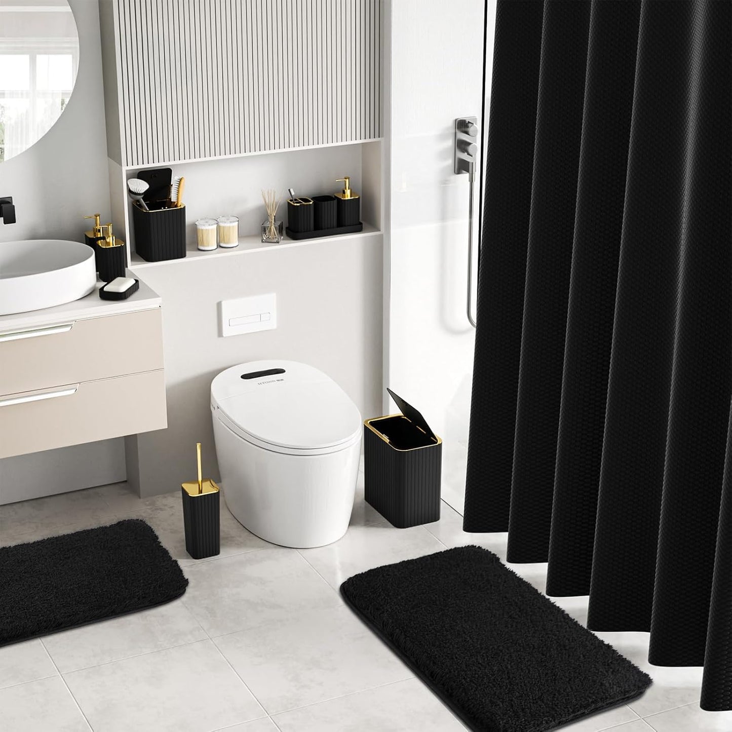 Bathroom Accessory Set - Bathroom Set, 27PC Bathroom Accessories Set, Black Bathroom Sets with Shower Curtain and Rugs, Mini Trash Can, Toilet Brush, Trash Can & Soap Dispenser