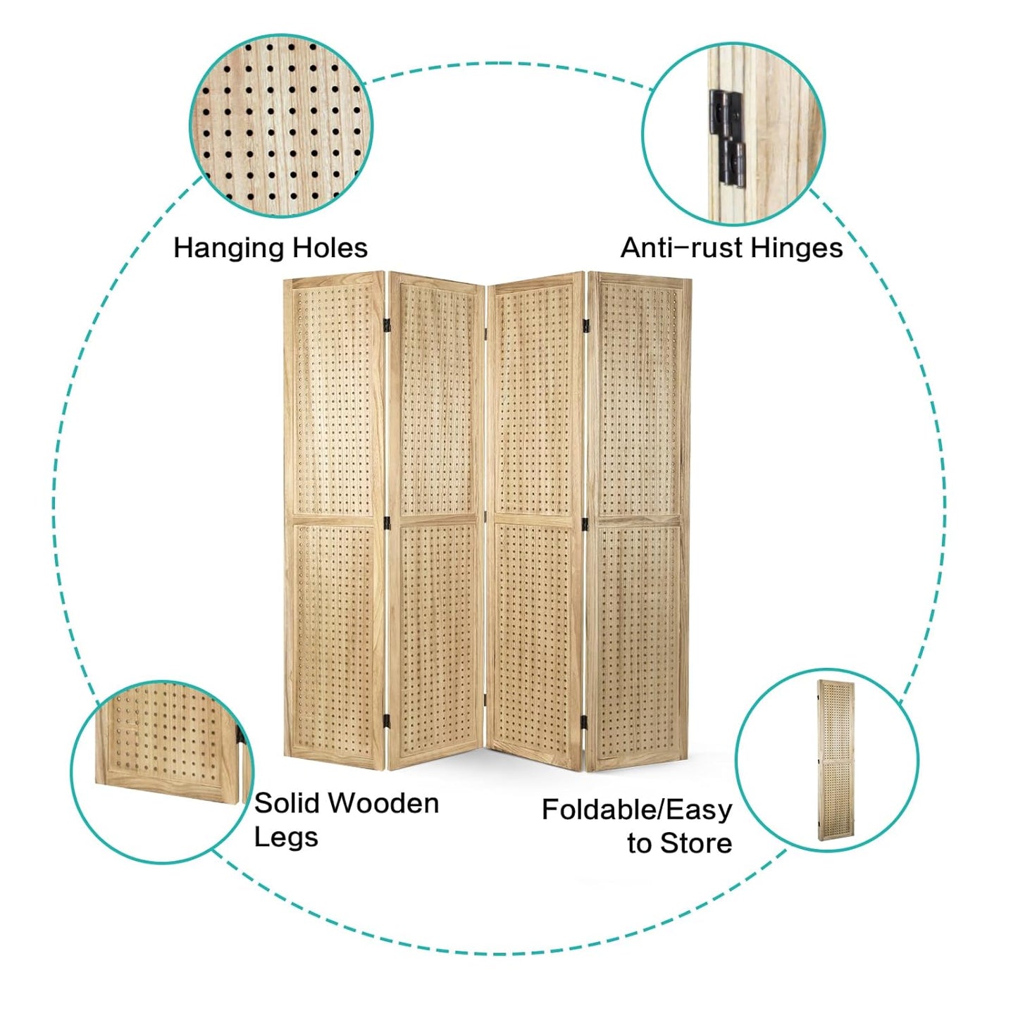 Babion 4 Panel Pegboard Display, Peg Board Room Divider Freestanding Folding Privacy Screens Display Stand for Craft Shows (Natural)