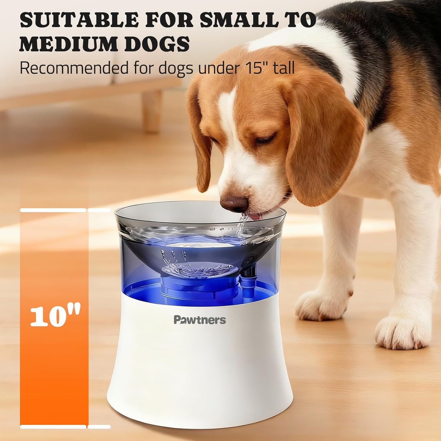 Pawtners Dog Water Fountain, 1 Gallon Automatic No Spill Pet Water Bowl Dispenser for Small Medium Large Dogs with Vortex Filter, Deep Drinking Area and Quiet Pump