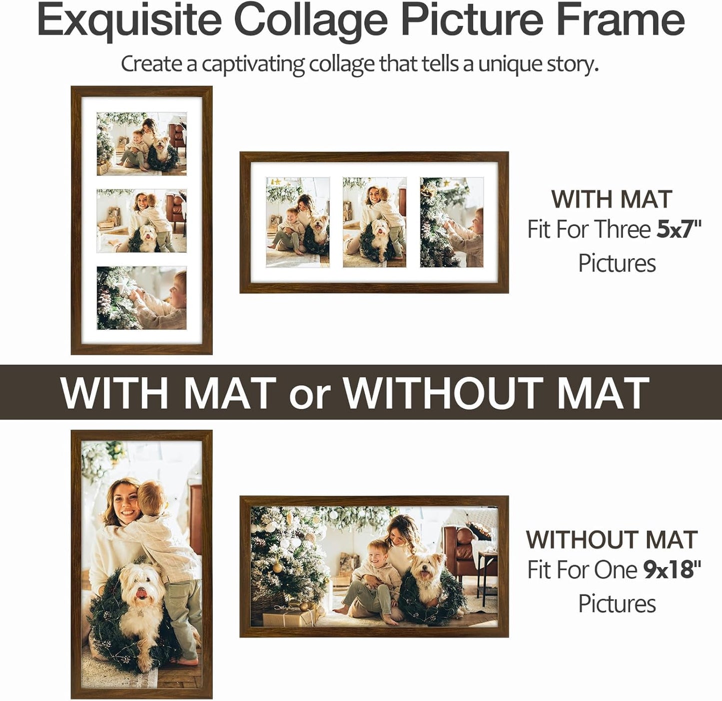 Golden State Art Three 5x7 Collage Picture Frame - Solid Wood with Tempered Glass - Multi Picture Frame Display Three 5x7 Photos with Mat - or One 9x18 Frame Without Mat for Wall Decor, Brown