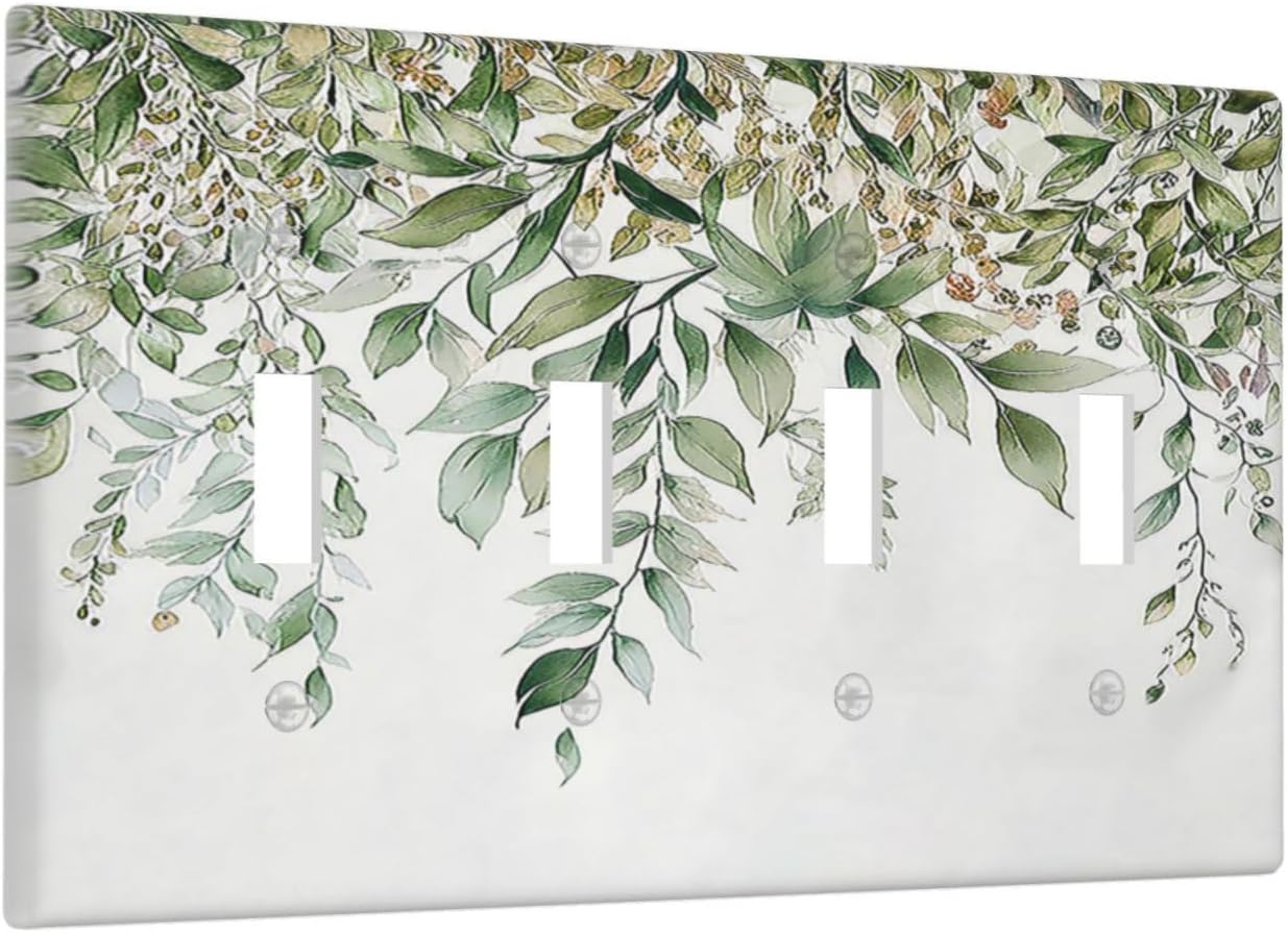 Light Switch Covers Sage Green Eucalyptus Watercolor Plant Leaves Quad Toggle Electrical Faceplate 4 Gang Wall Plate Decorative Switch Plates for Bedroom Bathroom Decor