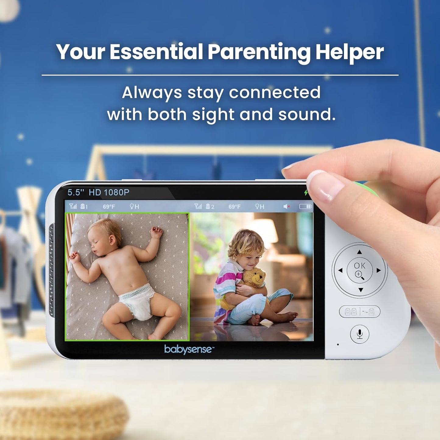 Babysense Full HD 5.5" Split Screen Baby Monitor with 2 Cameras, 6-Color Night Light, White Noise, Sound & Light Machine, 20-Hour Battery, Hack-Proof Non-WiFi Secure Connection
