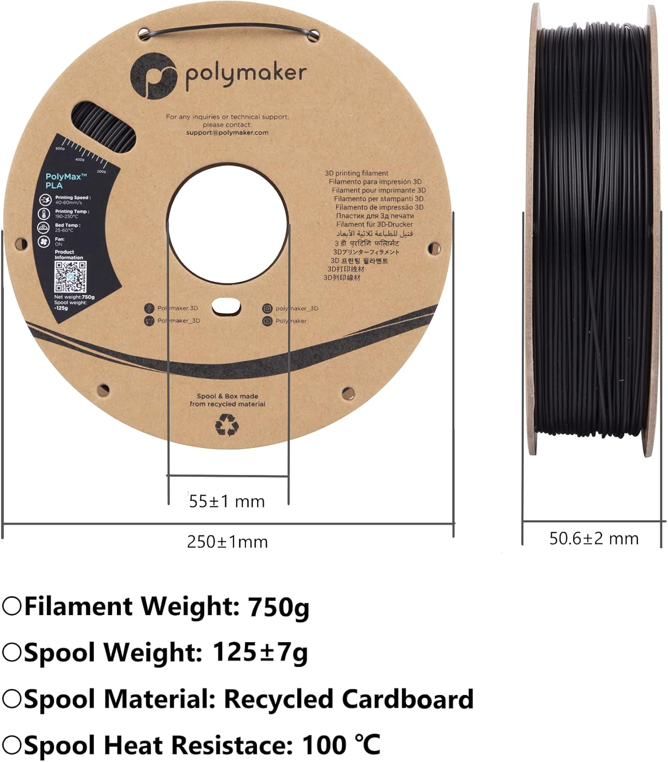 Polymaker Nylon Filament 1.75mm 0.75kg Black CoPA, PolyMide CoPA Warp Free Nylon 3D Printer Filament, Strong & Tough & Heat Resistant