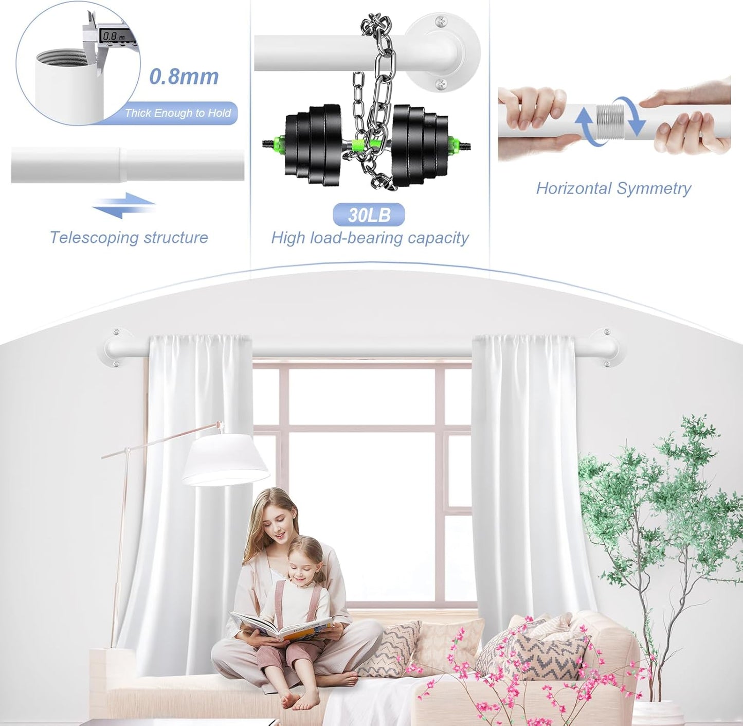 White Wrap Around Curtain Rods 36 to 72 Inch:Blackout Heavy duty Adjustable Window Curtain Rod for Bedroom,Industrial Darkening Curved French Metal Single Drapery Rods Easy Install,Pure White