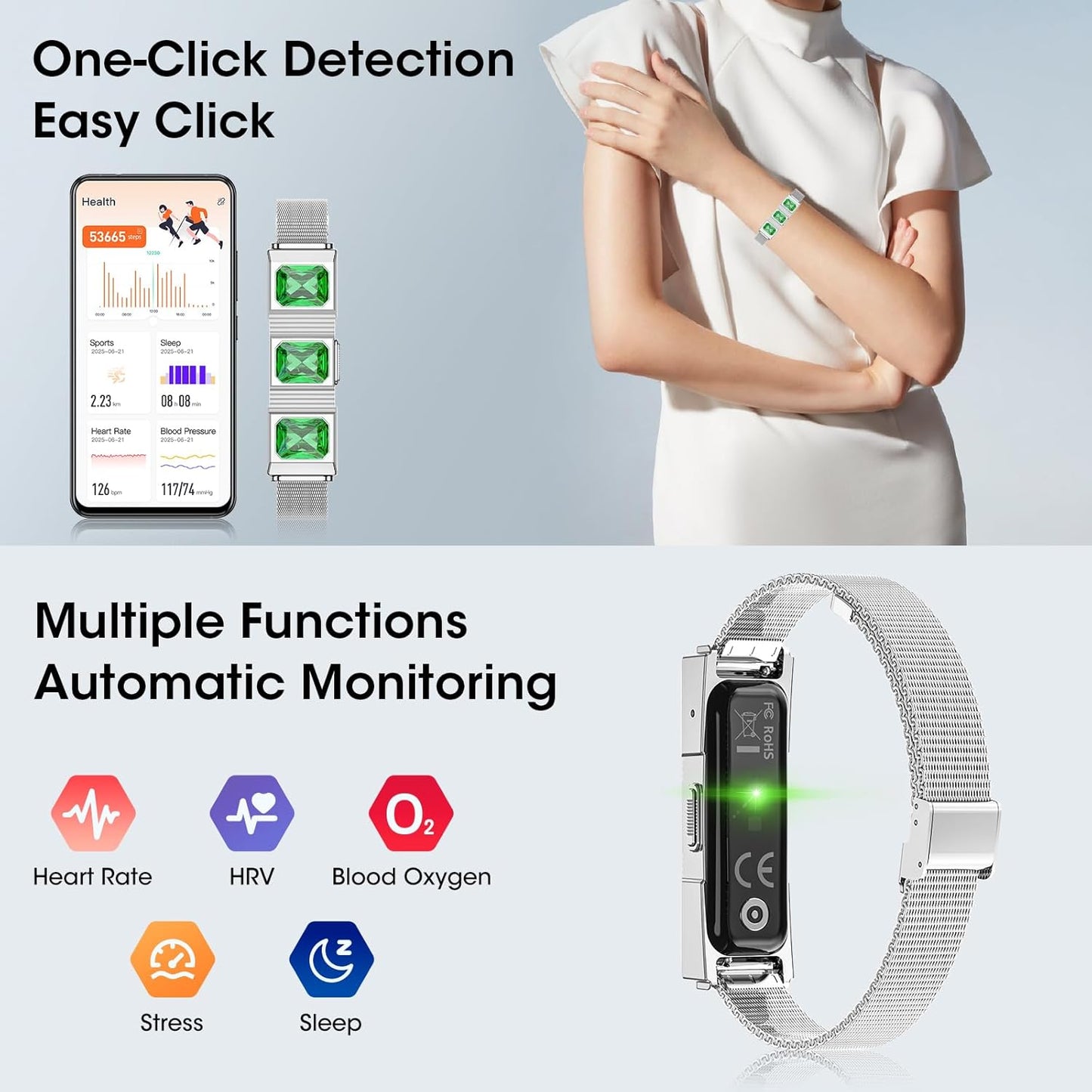 Mingtawn Women's Smart Bracelet with 2 Bands, Health Fitness Tracker, 24/7 Heart Rate/Blood Oxygen/HRV/Sleep Monitor, Fashion Emerald Wristband with Message/Call Reminder Free Subscription (Silver)
