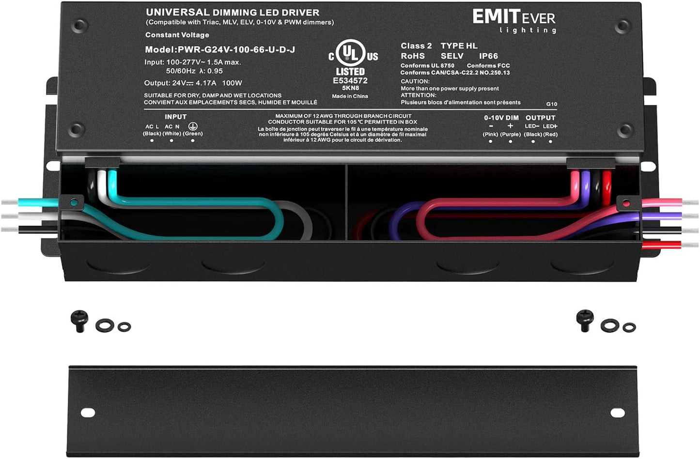 EMITEVER Dimmable Led Driver, 100W AC 100V-277V to DC 24V Transformer, 5-in-1 Dimming: ELV/MLV/TRIAC / 0-10V / 1-10V / 10V PWM/Potentiometer, Waterproof IP67 and UL Listed