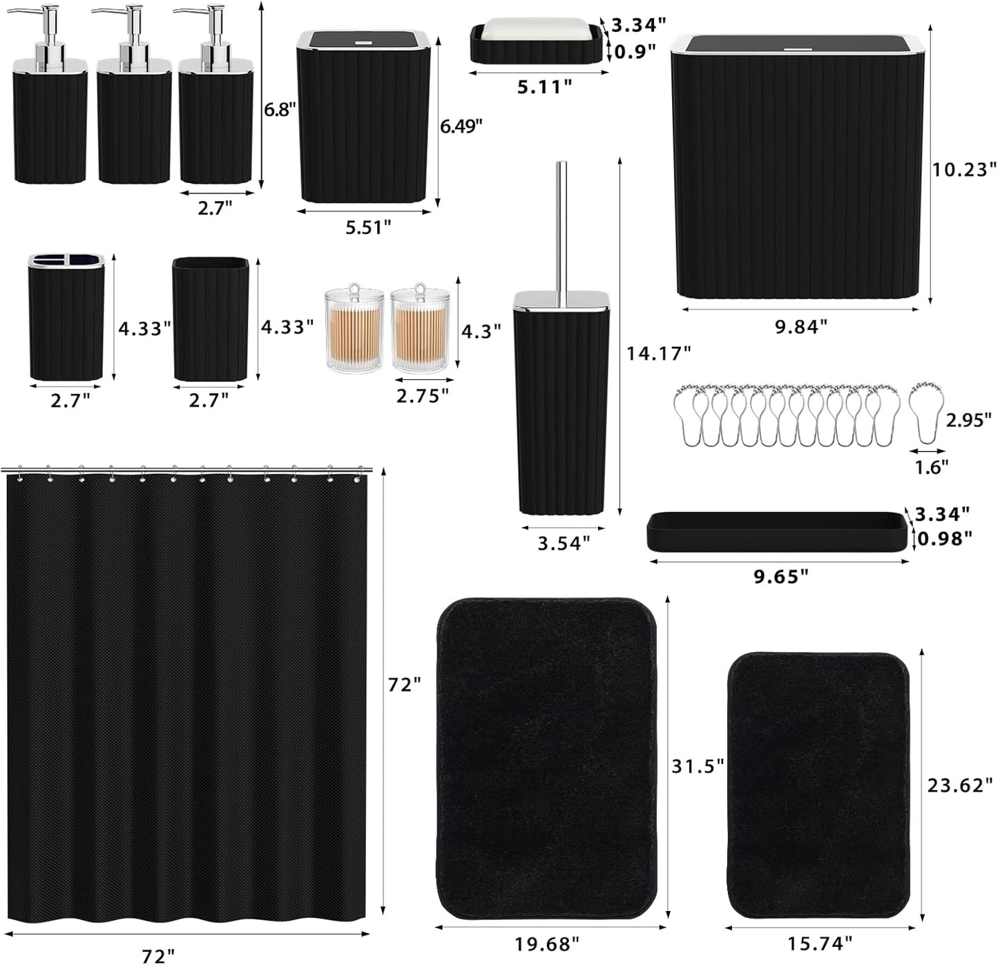 Bathroom Accessory Set - Bathroom Set, 27PC Bathroom Accessories Set, Black Bathroom Sets with Shower Curtain and Rugs, Mini Trash Can, Toilet Brush, Trash Can & Soap Dispenser