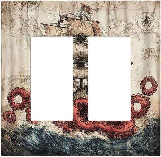 Decorative Outlet Covers Vintage Octopus Ocean Sailboat Bizarre Adventure 2 Gang Double GFCI Rocker Electrical Wall Panels Light Switch Cover Plate for Bathroom Kids room Decor