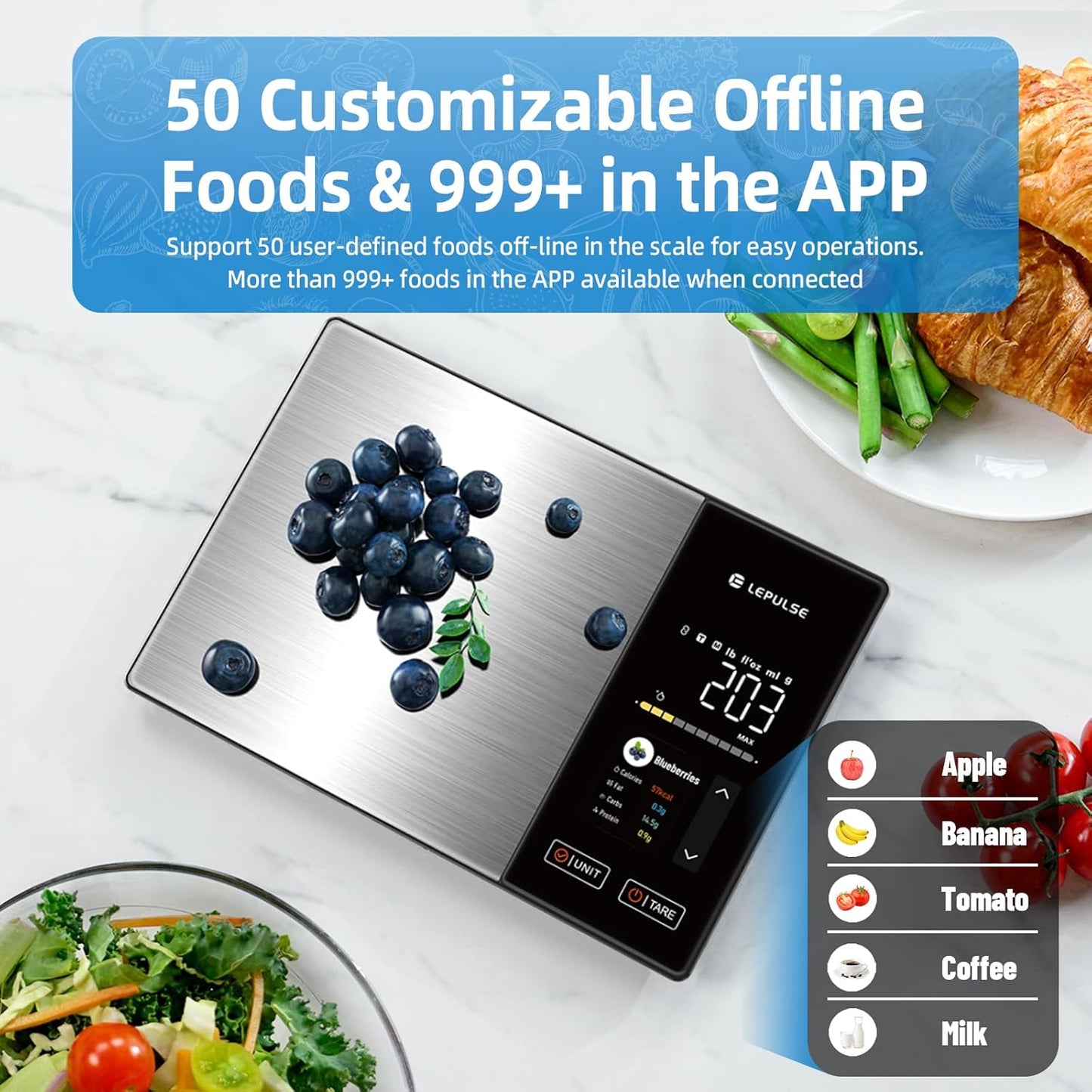 Food Scale with Nutritional Calculator, Smart Digital Kitchen Scale for Weight Loss, App with 23 Nutrients Tracking, Calorie, Fat, Carbs, Premium Stainless Steel, 11lb