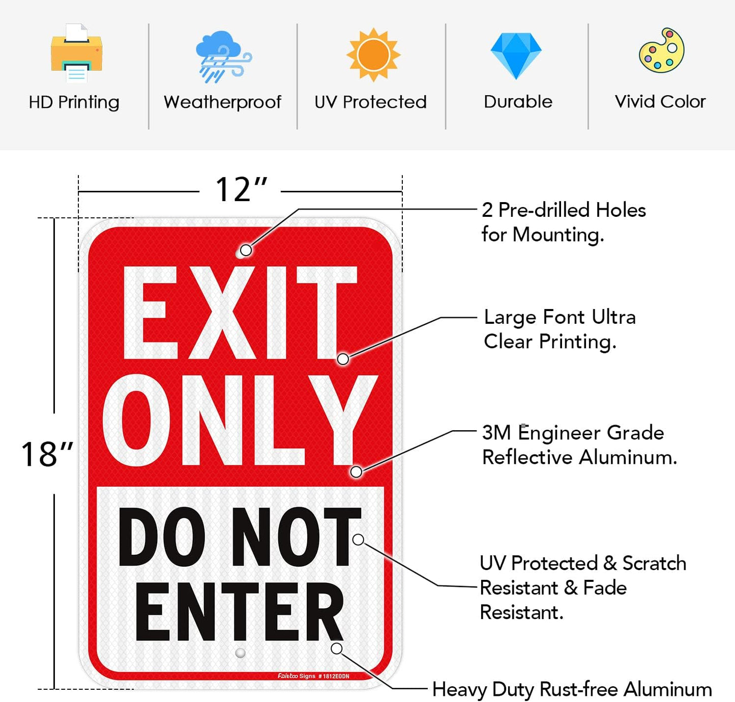 Faittoo Exit Only Do Not Enter Sign, 18 x 12 Inches Engineer Grade Reflective Aluminum Sign, UV Protected, Weather/Fade Resistant, Easy to Install and Read, Indoor/Outdoor Use (2 Pack)