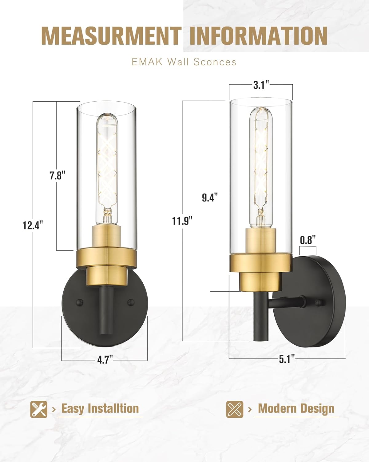 Emak Black and Gold Sconces Wall Decor Set of 2, Bathroom Vanity Light with Clear Glass Shade, Modern Wall Sconce for Bathroom, Bedroom, Living Room, Hallway, WS085-BKBGD-2PK