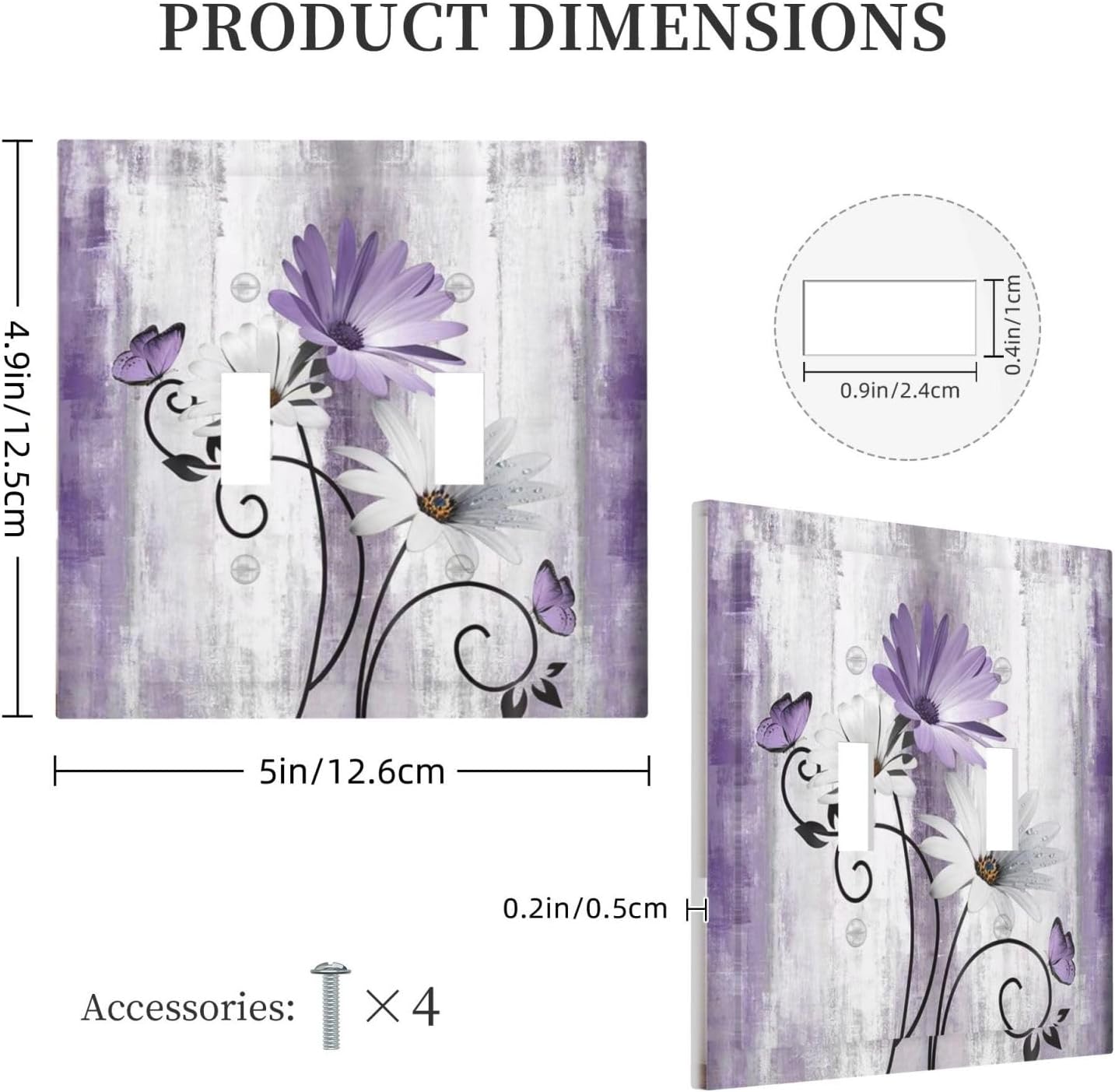 Decorative Light Switch Plate Covers Rustic White Purple Daisy Floral Flower 2 Gang Wall Plate Double Toggle Switch Cover Plate Electric Dual Device Electrical Faceplate for Bedroom Decor