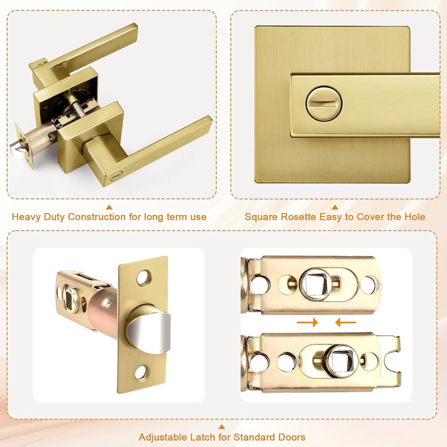 Probrico Heavy Duty Flat Gold Door Handles Square Privacy Interior Door Levers Bedroom and Bathroom Door Handles Keyless Bed/Bath Lockset (2 Pack)