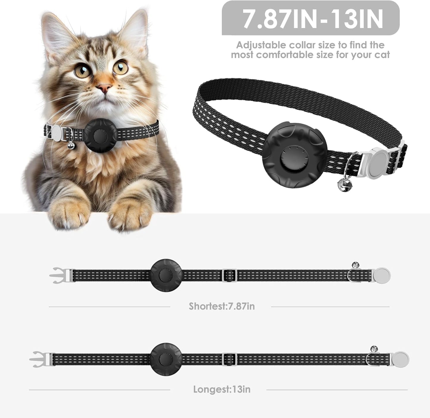 GPS Tracker, Waterproof Pet Tracker for Cats, Cat GPS Tracker Collar with Safety Elastic Buckle, Compatible with Apple Find My App (Only iOS), No Monthly Fee (Black Tracker, Cat Collar)