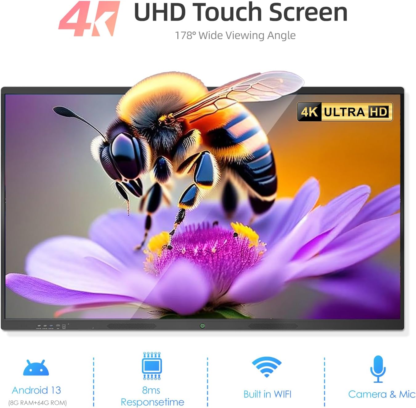 55" Smart Board, Interactive Whiteboard, 4K UHD Touchscreen, Android 13, 8+128G, All in One Smartboard for Classroom Office Home (Wall Mount Included)