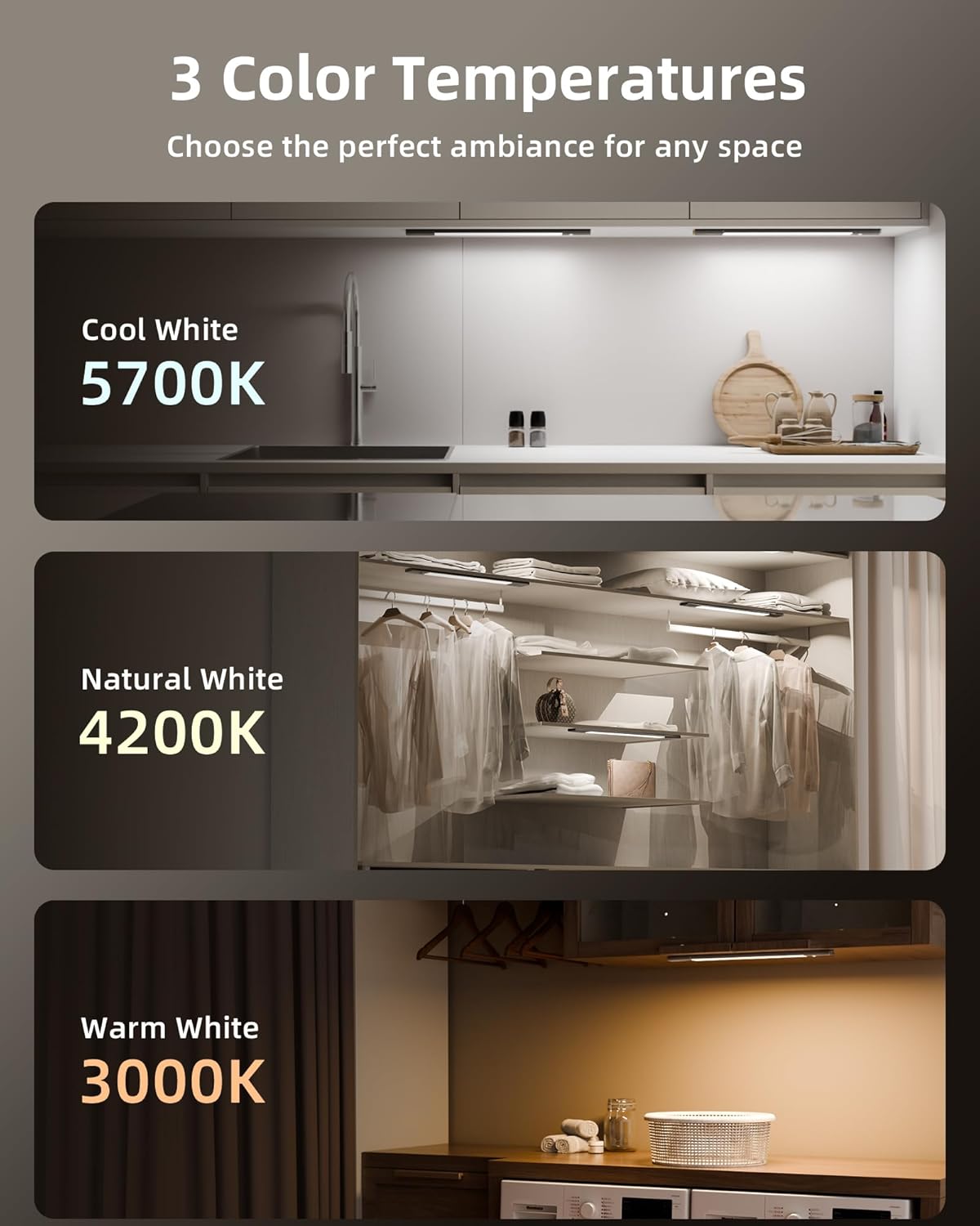 EZVALO Under Cabinet Lighting, Motion Sensor Lights with 2 Detachable Batteries, 76 LED Dimmable Closet Lights, 3 Color Temps, Under Counter Lights for Kitchen, Wardrobe