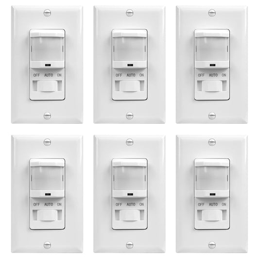 TOPGREENER in-Wall PIR Motion Sensor Light Switch, Motion Sensor Switch, Occupancy Sensor Switch, 4A, 500W, Single Pole, Neutral Wire Required, Wall Plate Included, TSOS5, White, 6 Pack