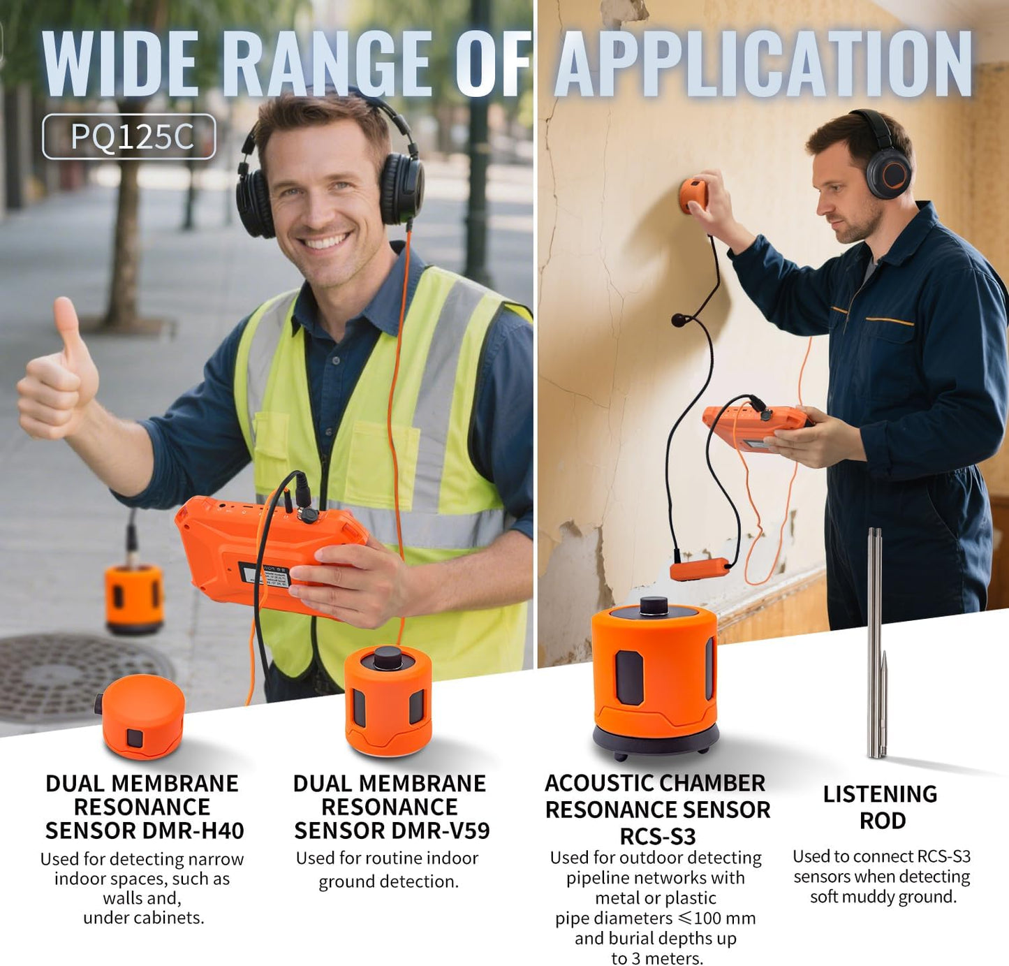 PQWT 125C Water Leak Detector, Indoor & Outdoor Underground Water Pipe Leak Detection Measurement Depth 9.84ft/3m