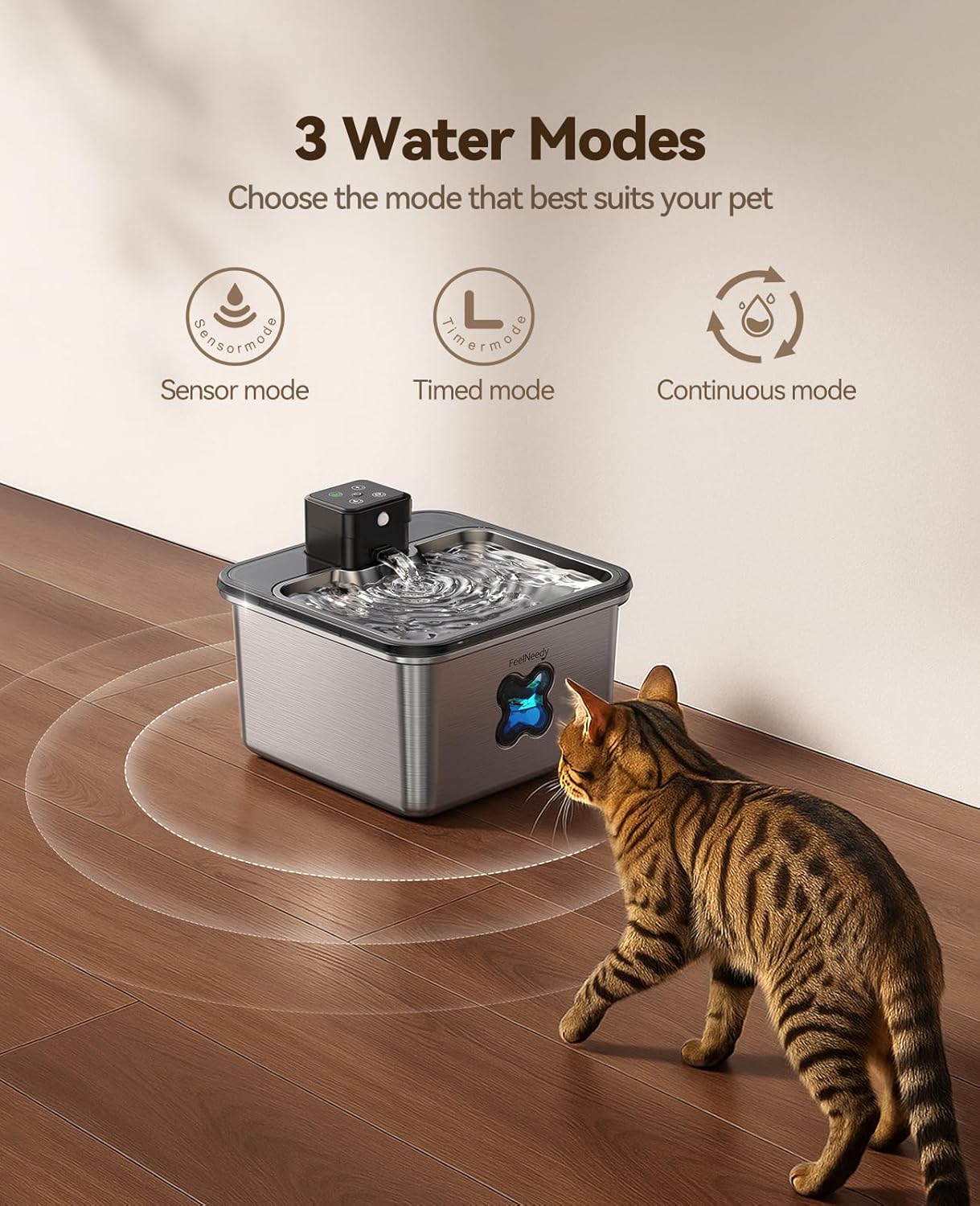 Cat Water Fountain Cordless: [Visual Filter] & [Heavy-Duty Stainless Steel] FEELNEEDY- Premium, Durable Design. 3.2L/108oz, 4000mAh Battery Operated Pet Fountain with Sensor, for Cats and Dogs