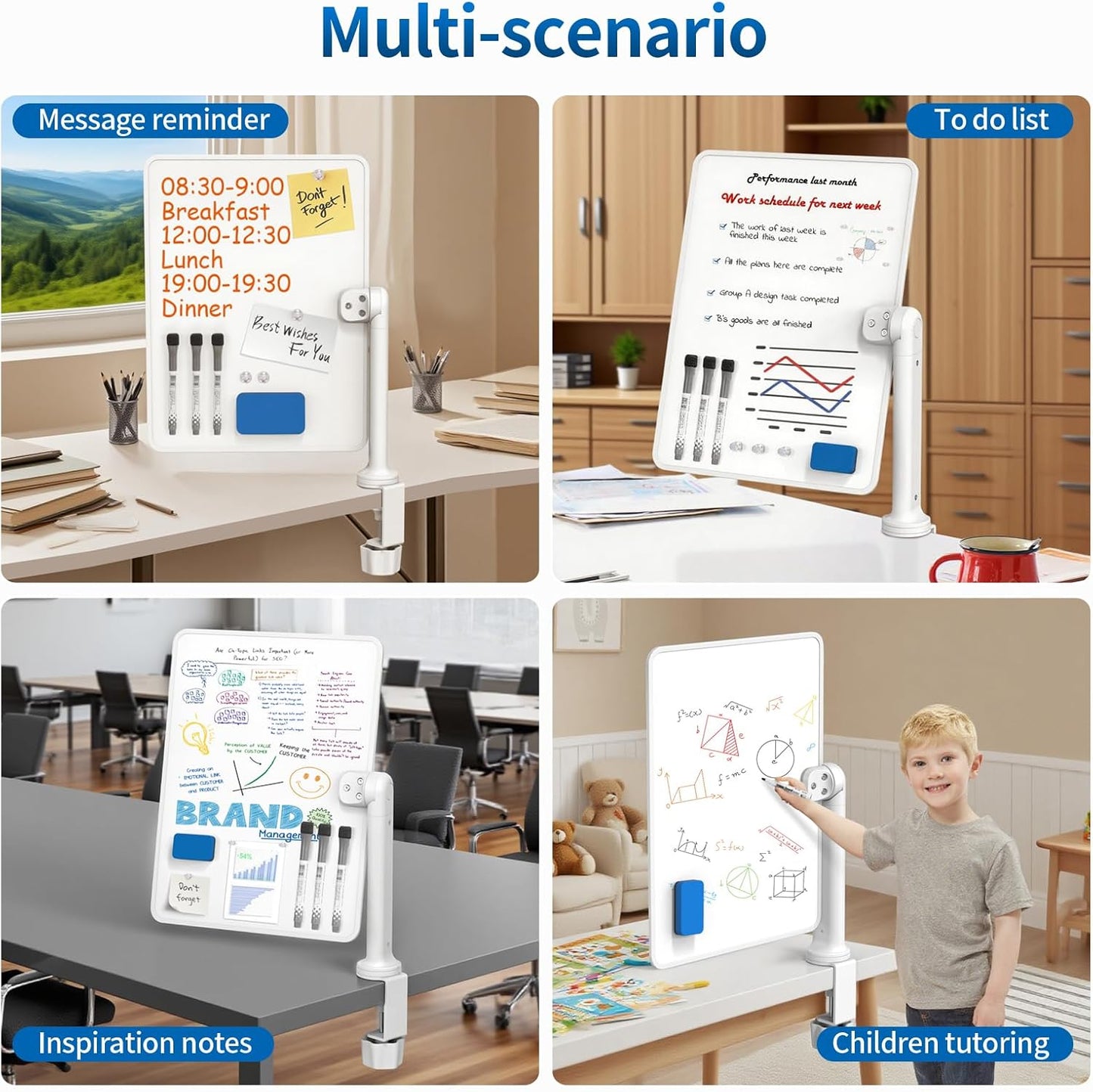 Double-Sided Desk Whiteboard with Dual 360° Swivel - 16" x 12" Clamp-On Desktop Whiteboard for Tables Under 2.3" Thick for Office, Home, School(2pc)