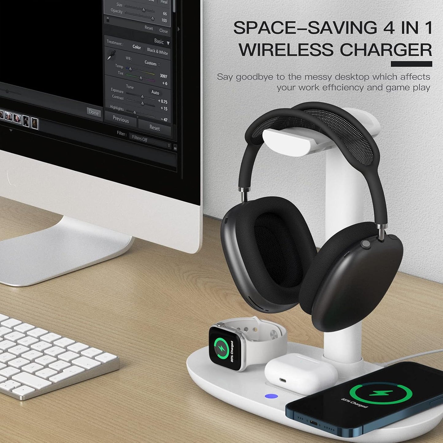 Headphone Stand with 15w Wireless Charger, Suguder 4 in 1 Charging Station Headset Holder for AirPods Max/Pro/4/3/2 iWatch 10/9/8/7/6/5/4/3/2/1/SE iPhone 17/16/15/14/13/12/11/X for Desktop Table Game