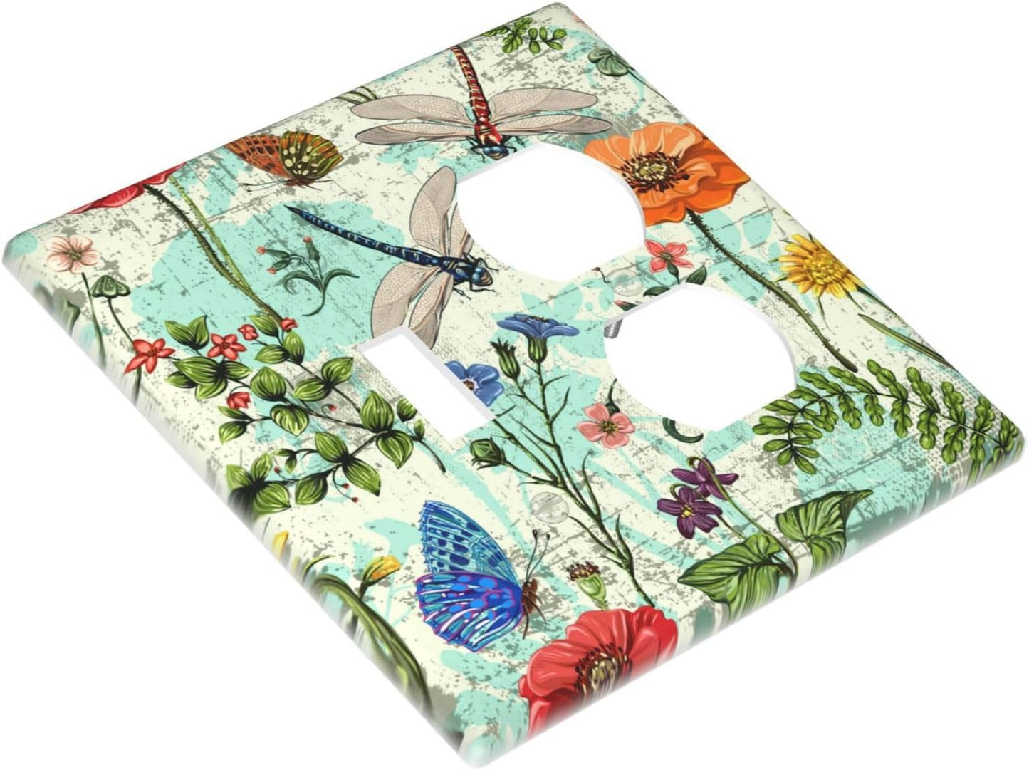Dragonflies Flowers Butterfly 2 Gang 1 Toggle 1 Outlet Outlet Light Switch Cover Decorative Wall Plate Cover For Home Living Bedroom Kitchen Decorative