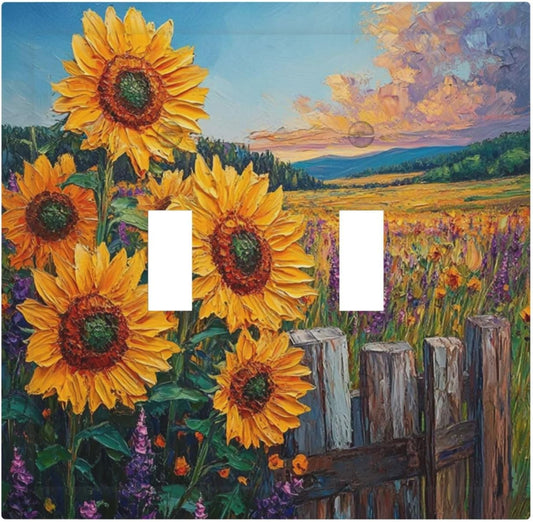 Decorative Light Switch Cover Plate Rustic Wilderness Sunflower Lavender Muzha Oil Painting 2 Gang Wall Plate Oversized Double Toggle Two Switch Wall Cover Plate Faceplate