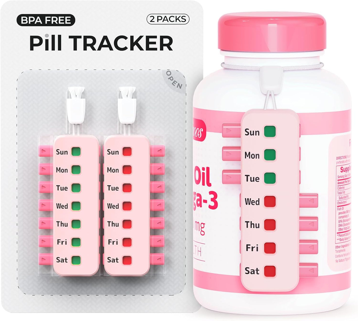 Pill Reminder for Easy Tracking Without Refills, Reusable Pill Tracker for Vairous Bottles, Arthritis-Friendly & Anti-Slide Medication Tracker, Compact Medicine Reminder for Pet Meds, Pink, 2-Pack
