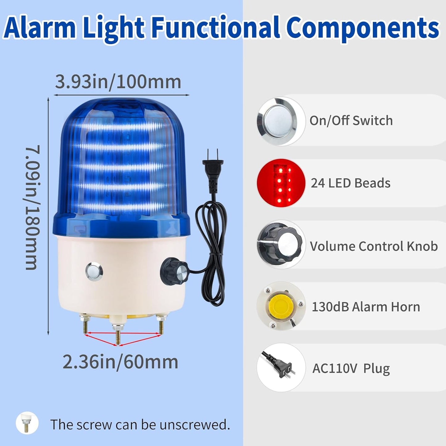 Industrial LED Rotating Warning Light, AC110V Red Strobe Light for Public Emergency Alarms, Indoor/Outdoor Safety Siren with Volume Adjustment/Plug and Buzzer (Blue PRO(0-130dB,AC110V))